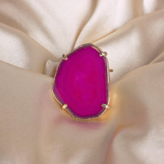 Boho Pink Agate Ring Gold Plated Adjustable - Elegant Statement Jewelry