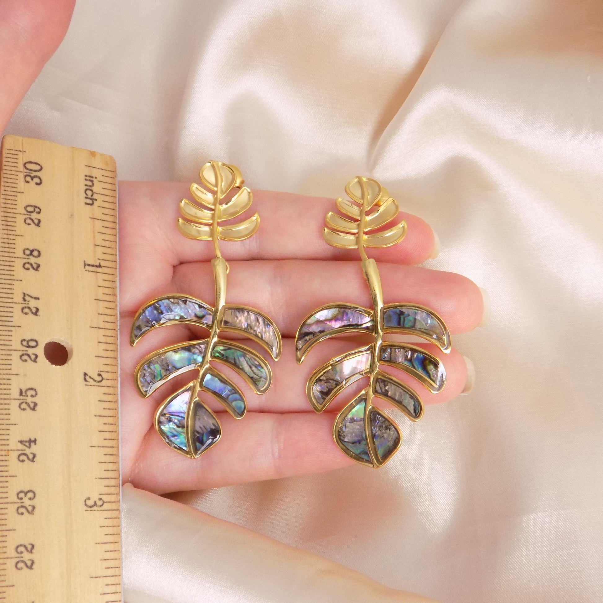 Large Gold Leaf Stud Earrings Abalone Shell - Statement Dangle Earrings - Gifts For Her - M7-389