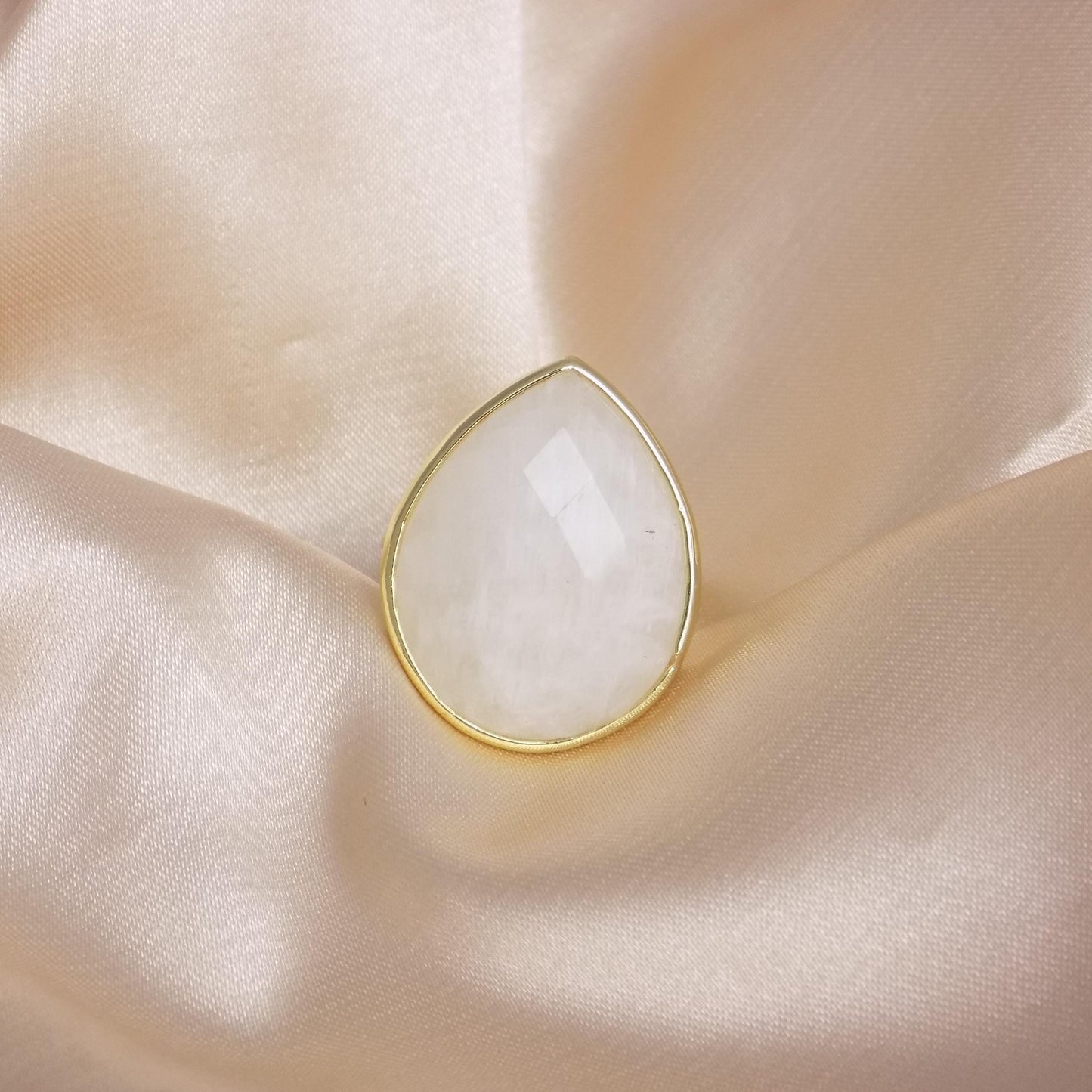 Moonstone Ring Gold, Teardrop White Crystal Ring Adjustable, Gift For Her, M7-399