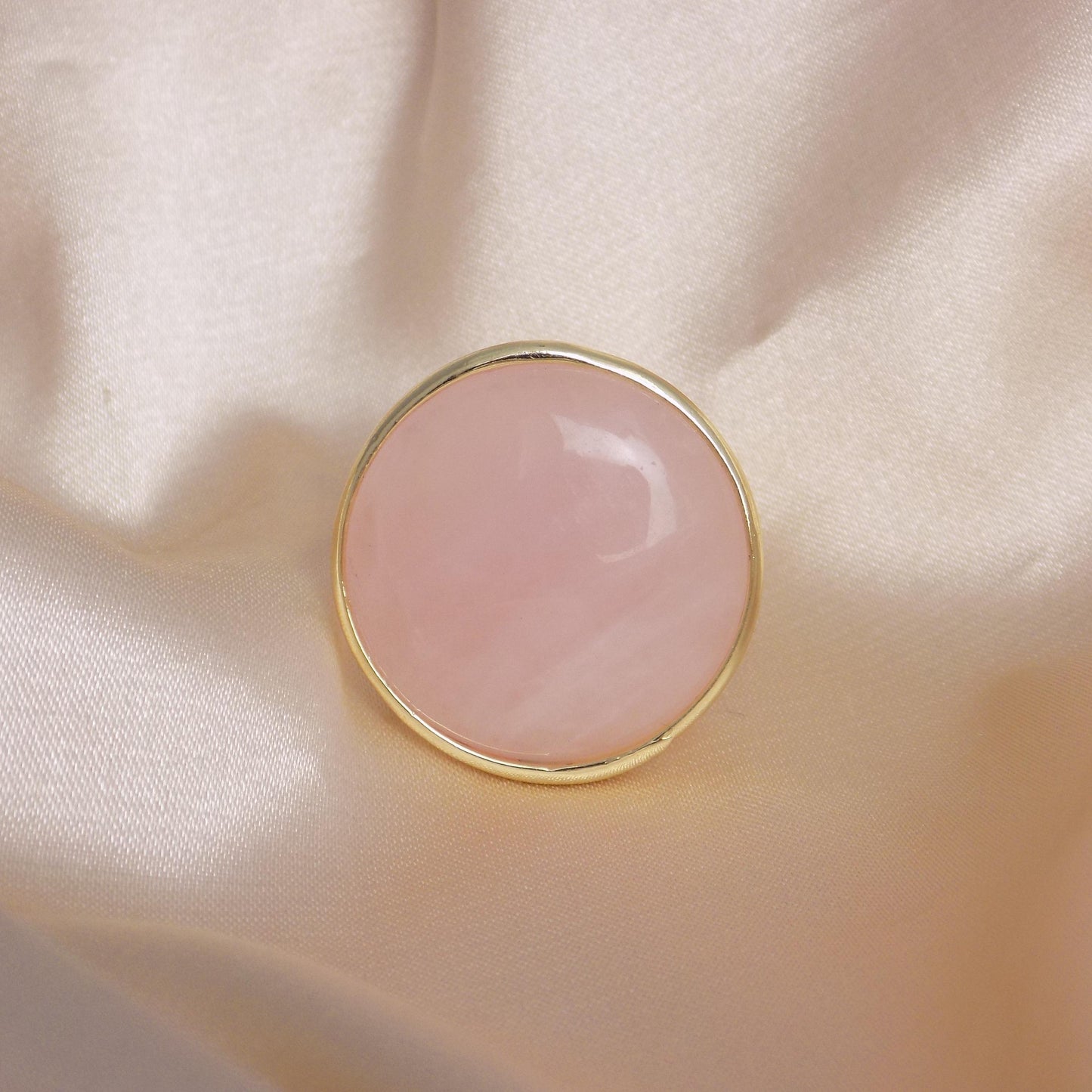 Adjustable Gold Ring with Raw Natural Rose Quartz - Large Stone Statement Ring in Light Pink, M7-401