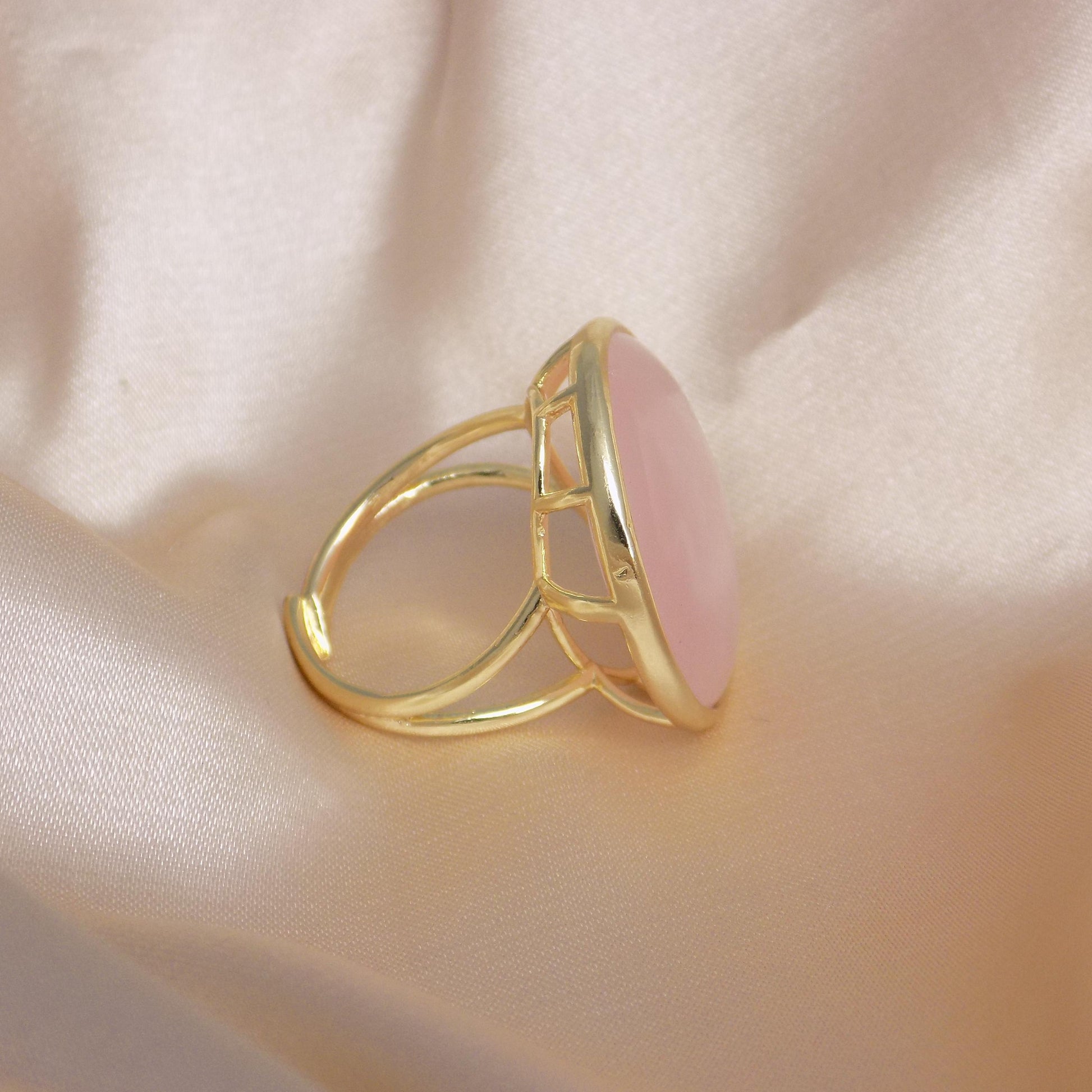 Adjustable Gold Ring with Raw Natural Rose Quartz - Large Stone Statement Ring in Light Pink, M7-401