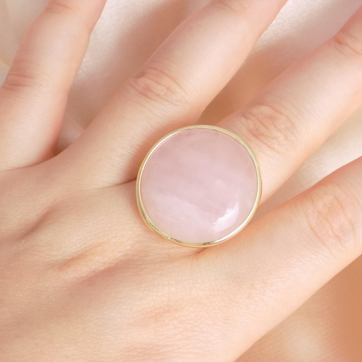 Adjustable Gold Ring with Raw Natural Rose Quartz - Large Stone Statement Ring in Light Pink, M7-401