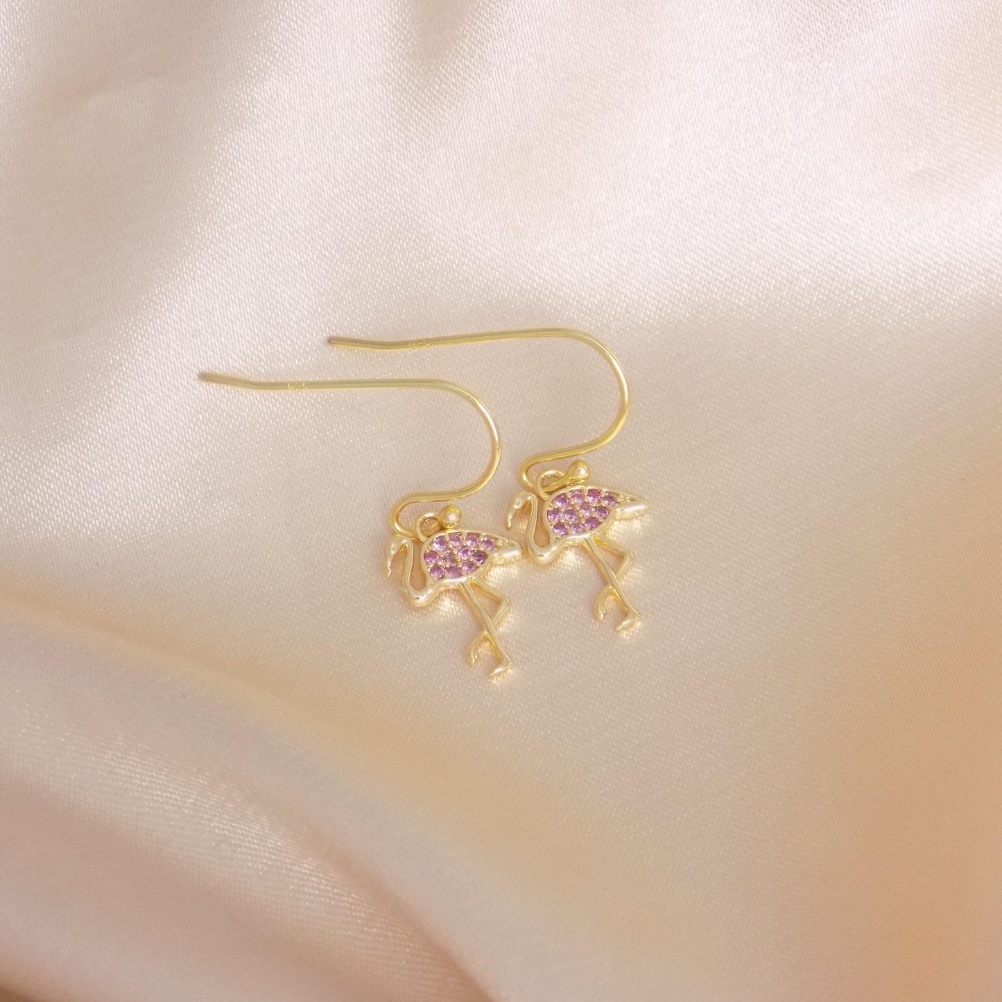 Tiny Flamingo Earrings Gold - Small Pink Cubic Zirconia Crystals - Christmas Gifts For Her - M7-402