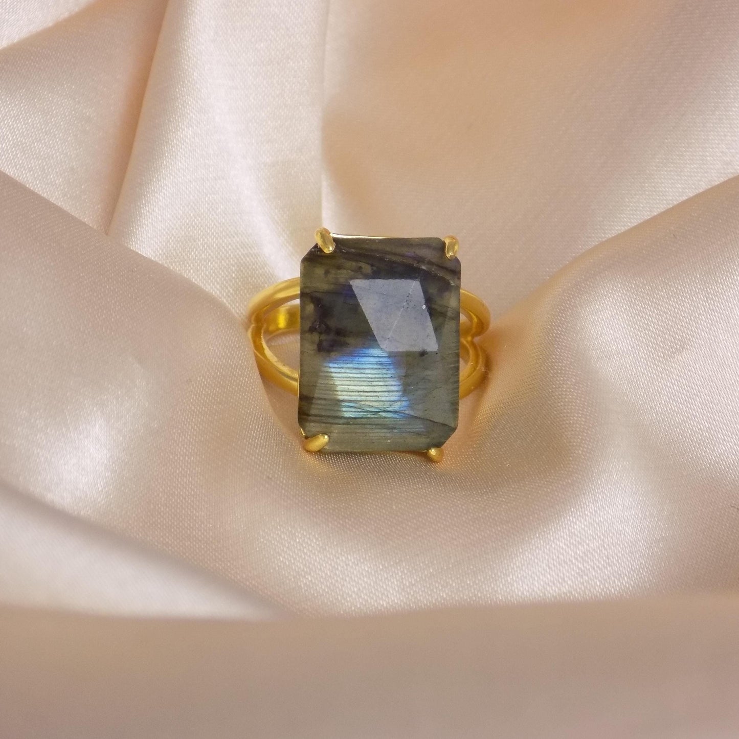 Labradorite Ring Gold, Gray Blue Crystal Ring Adjustable, Gift For Her, M7-403