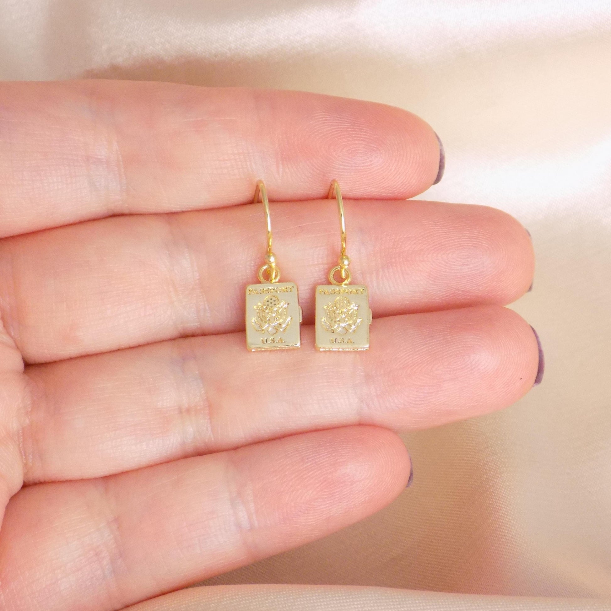 Tiny Passport Earrings Gold - Small US Passport Charm Earring - Christmas Gifts For Her - M7-404