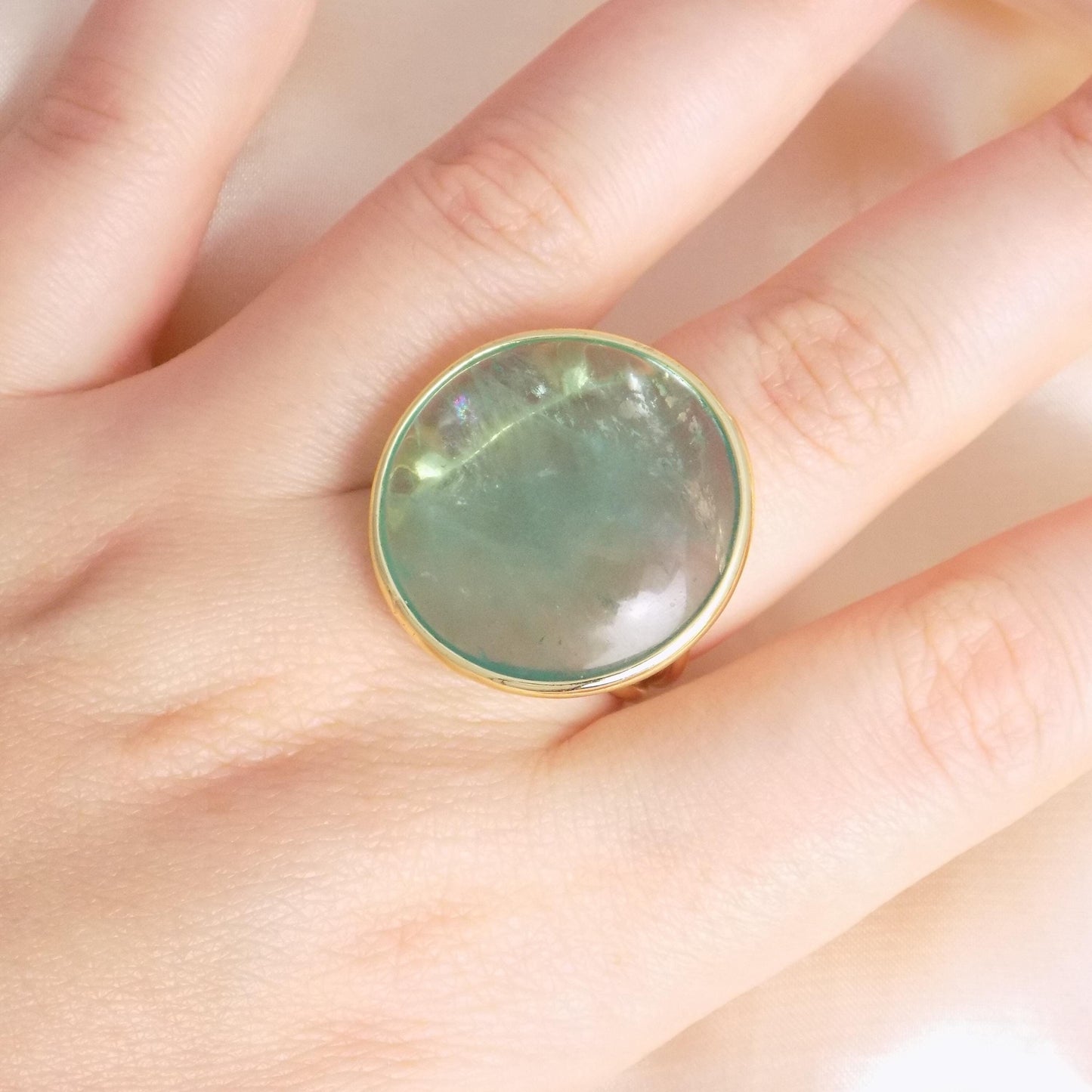 Green Fluorite Ring Gold Plated Adjustable, Large Round Stone Statement Ring, Gift For Her, M7-411