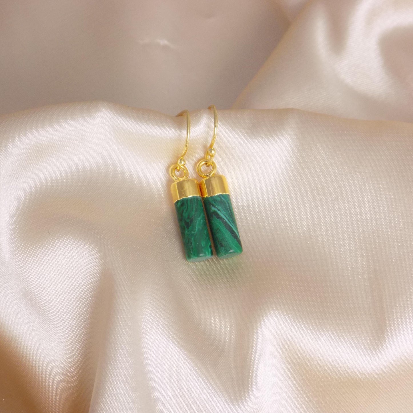 Malachite Drop Earrings Gold, Green Gemstone Earrings, Minimalist Stone, Everyday Simple Dangle, Mothers Day Gift, M7-301