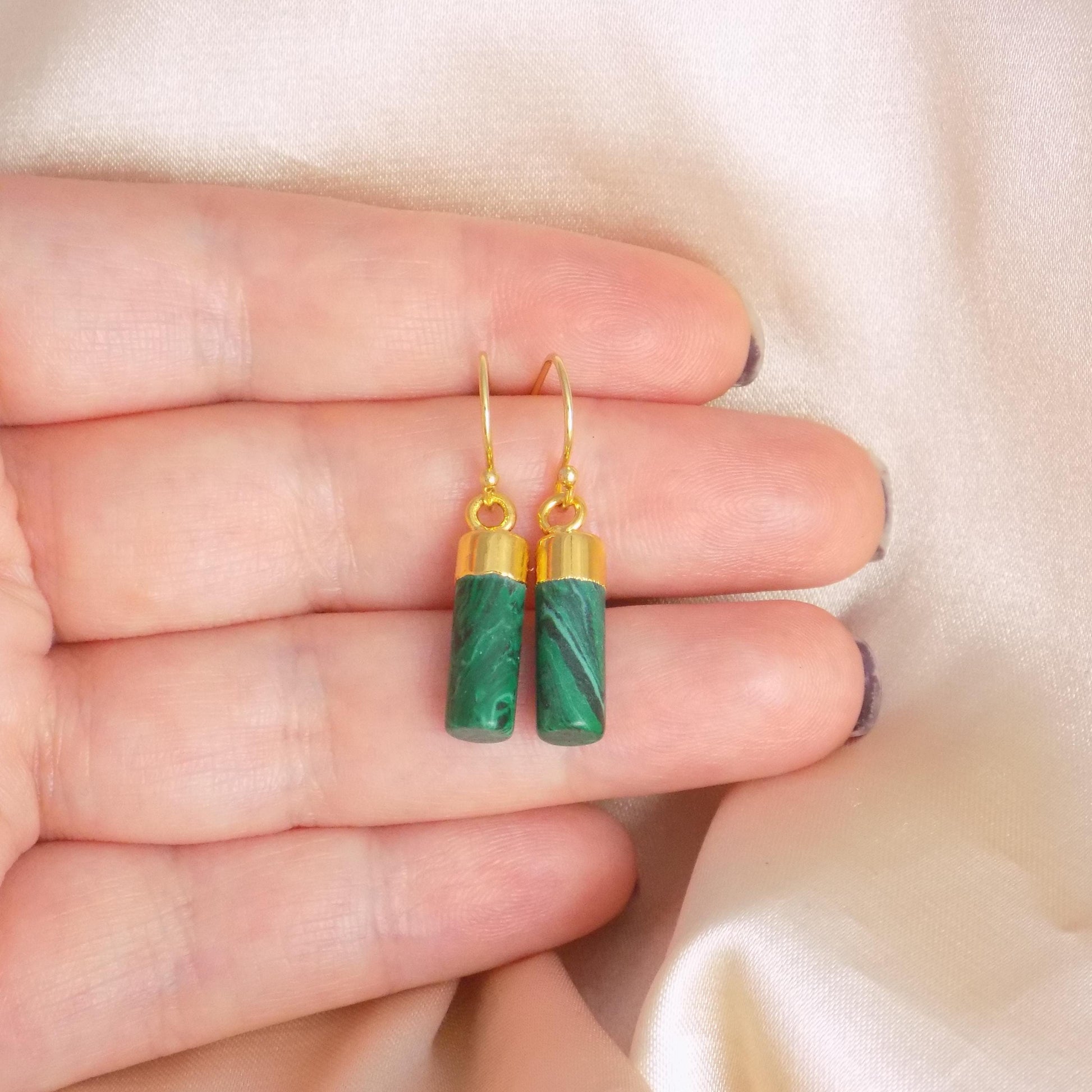 Malachite Drop Earrings Gold, Green Gemstone Earrings, Minimalist Stone, Everyday Simple Dangle, Mothers Day Gift, M7-301