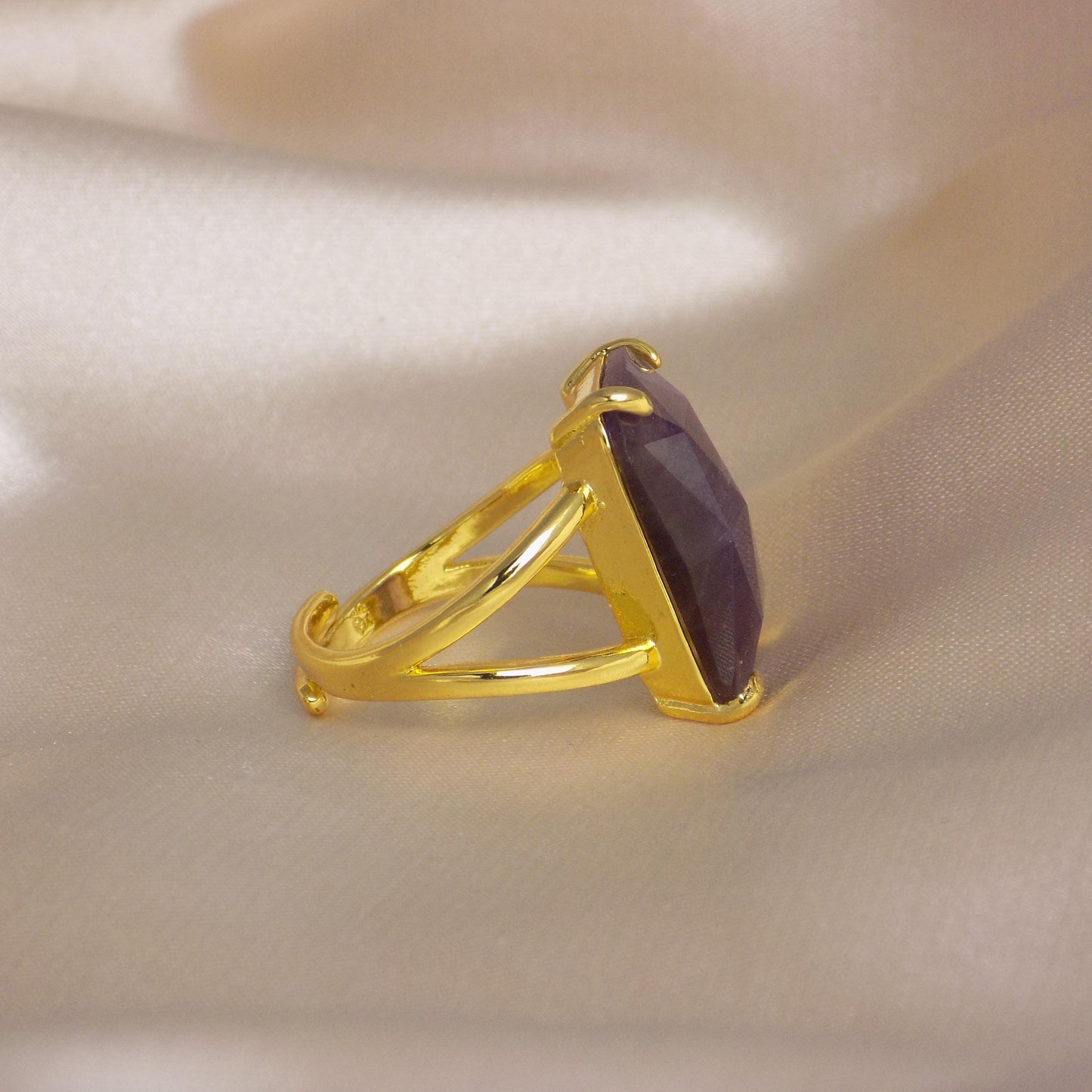 Purple Fluorite Ring Gold, Large Crystal Ring Adjustable, Gift For Her, M7-419