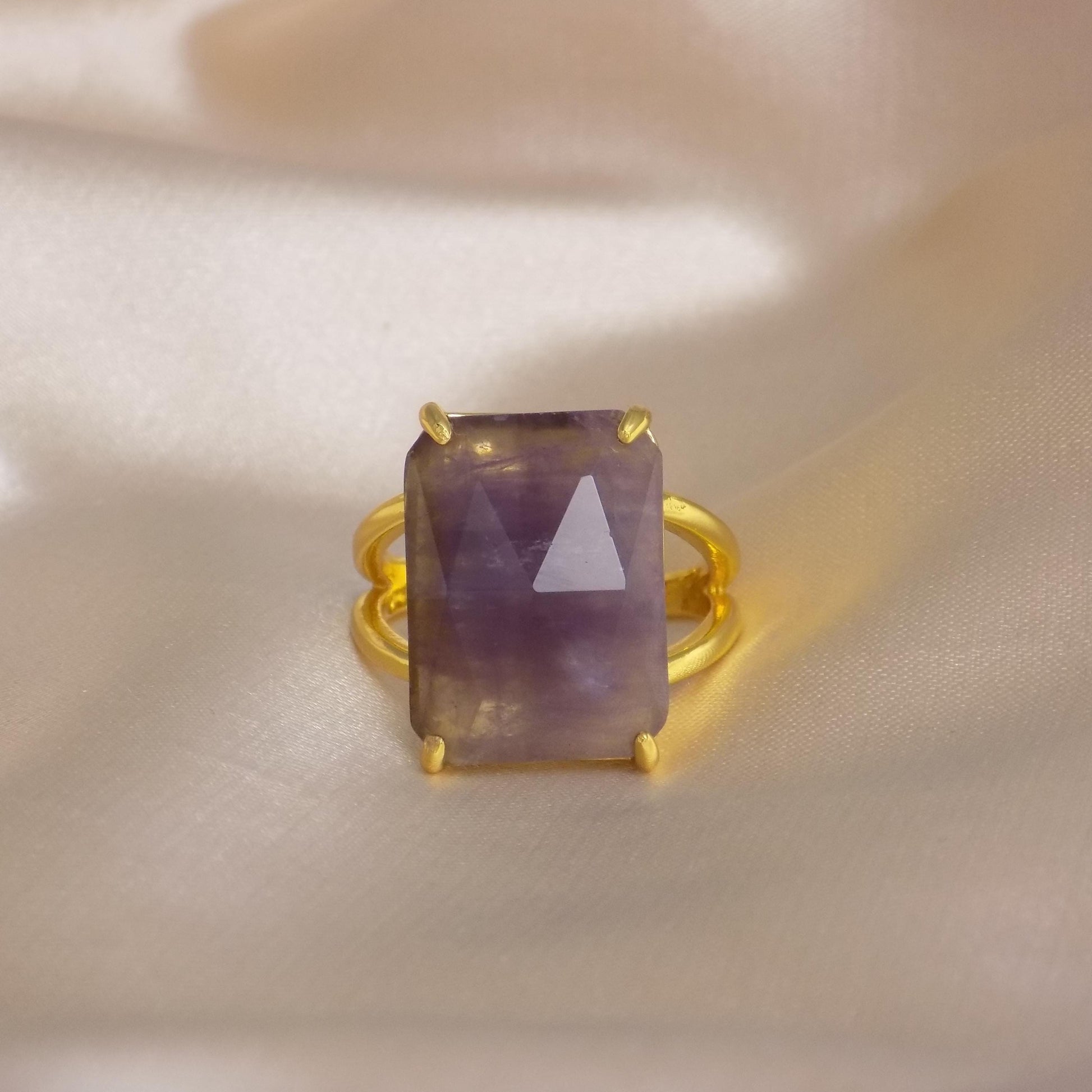 Purple Fluorite Ring Gold, Large Crystal Ring Adjustable, Gift For Her, M7-419