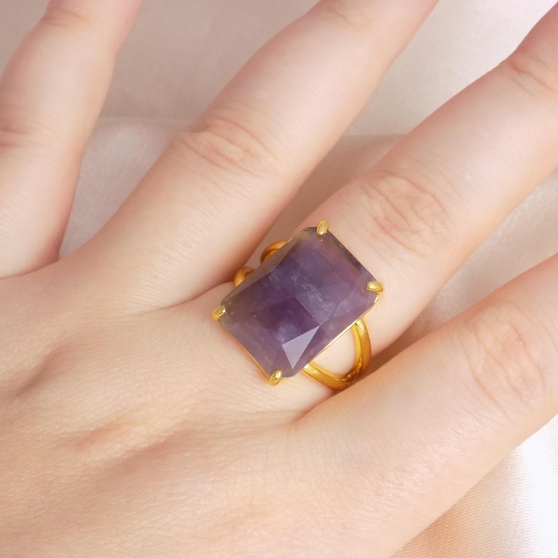 Purple Fluorite Ring Gold, Large Crystal Ring Adjustable, Gift For Her, M7-419