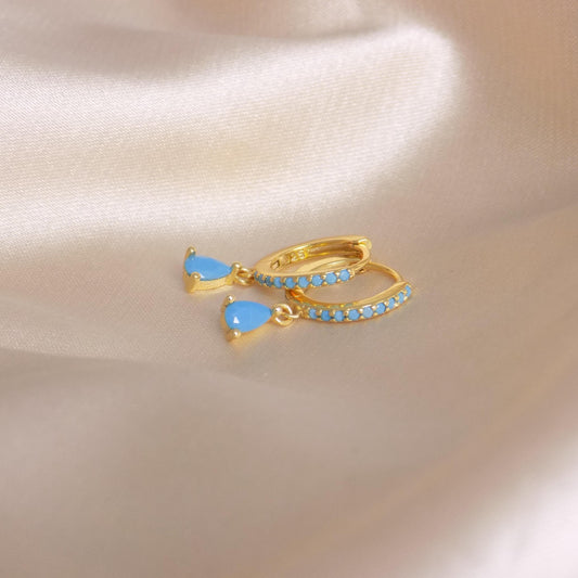 Tiny Turquoise Gold Hoops, Teardrop Crystal Hoop Earrings, Gift For Her, M7-422