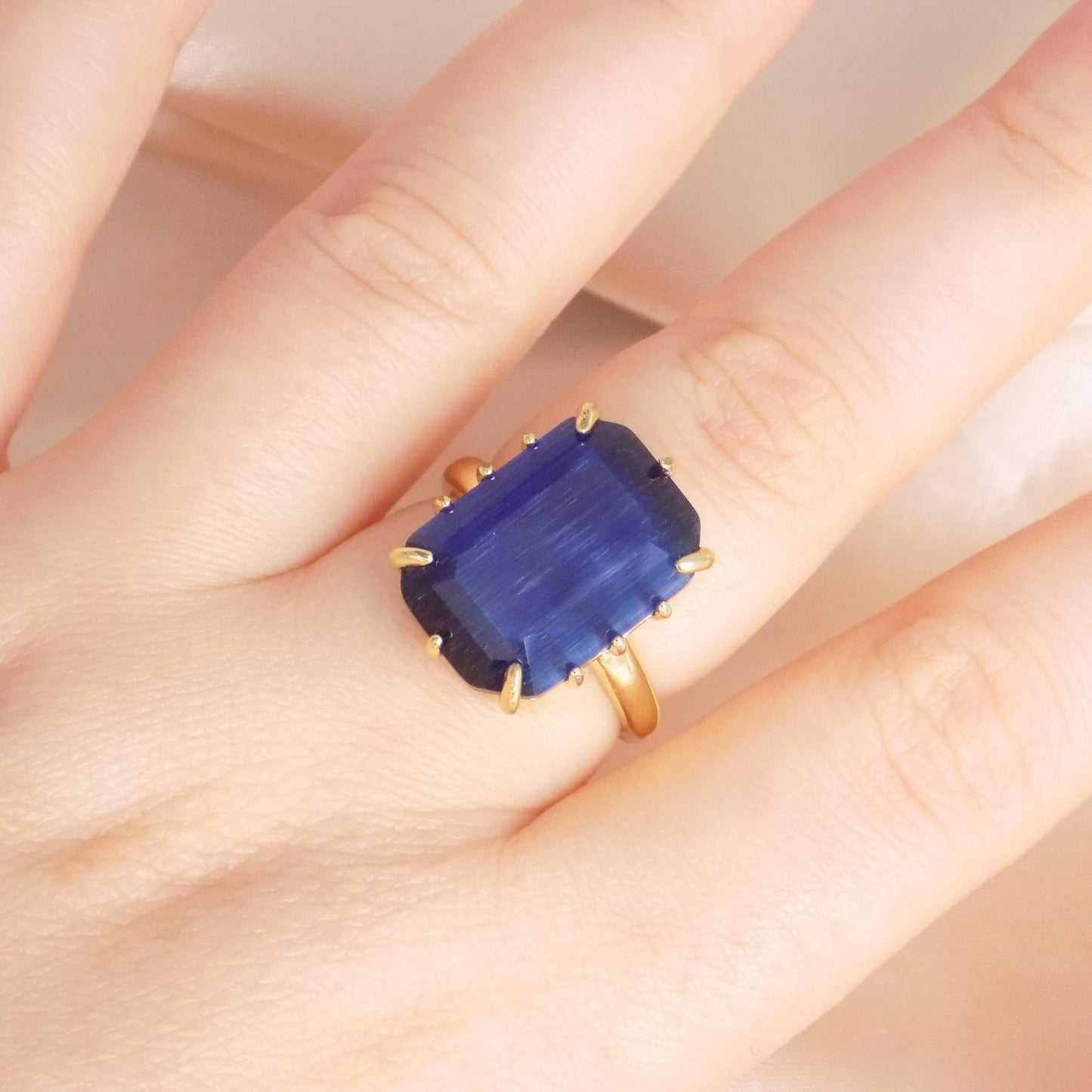 Blue Cat Eye Ring Gold, Large Crystal Ring Adjustable, Gift For Her, M7-425