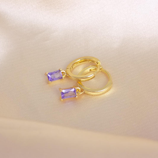 Tiny Square Amethyst Gold Hoops, Rectangle Crystal, Gift For Her, M7-398