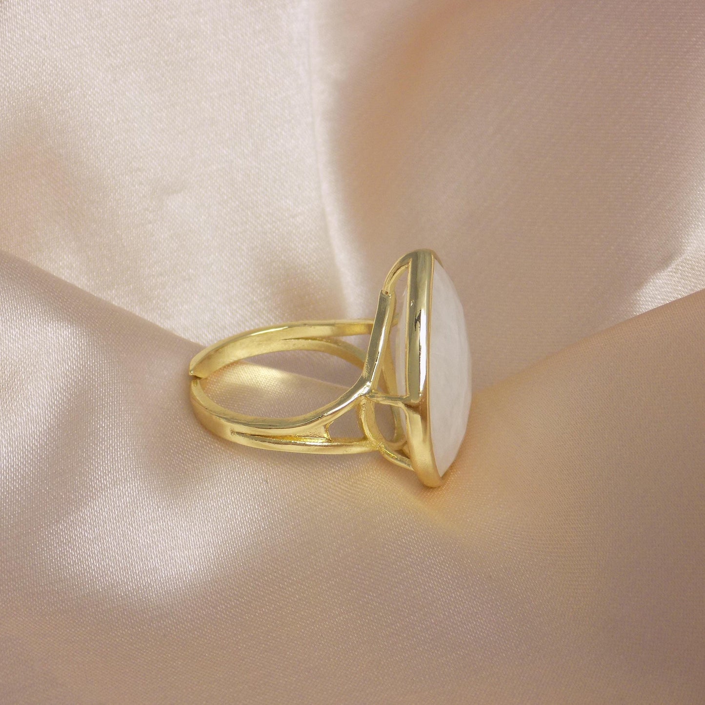 Moonstone Ring Gold, Teardrop White Crystal Ring Adjustable, Gift For Her, M7-399