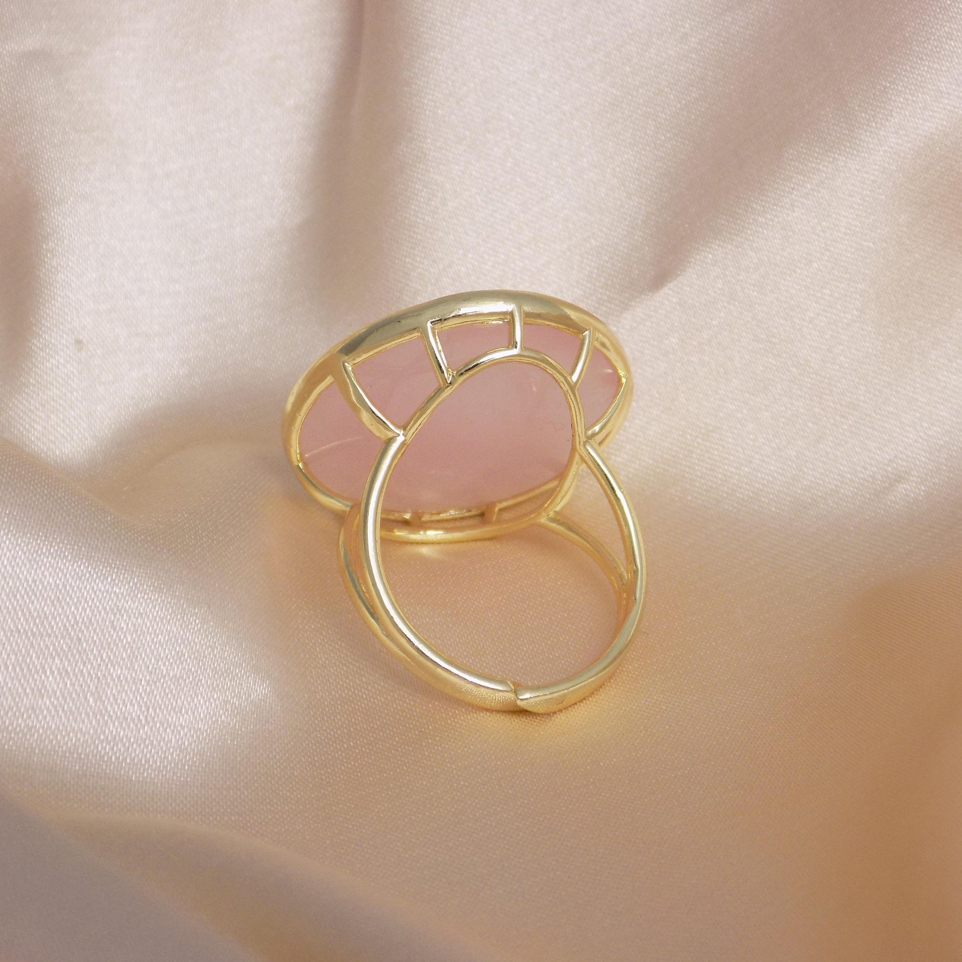 Adjustable Gold Ring with Raw Natural Rose Quartz - Large Stone Statement Ring in Light Pink, M7-401