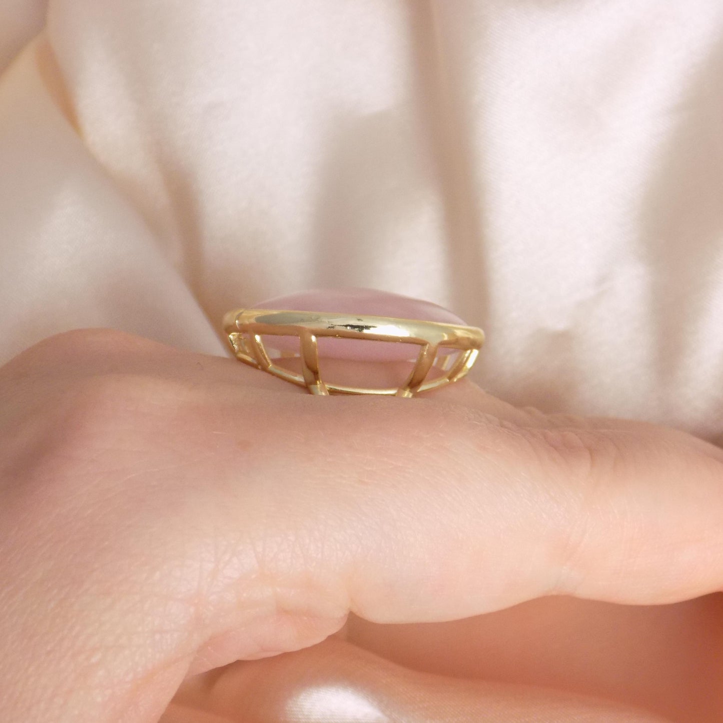 Adjustable Gold Ring with Raw Natural Rose Quartz - Large Stone Statement Ring in Light Pink, M7-401