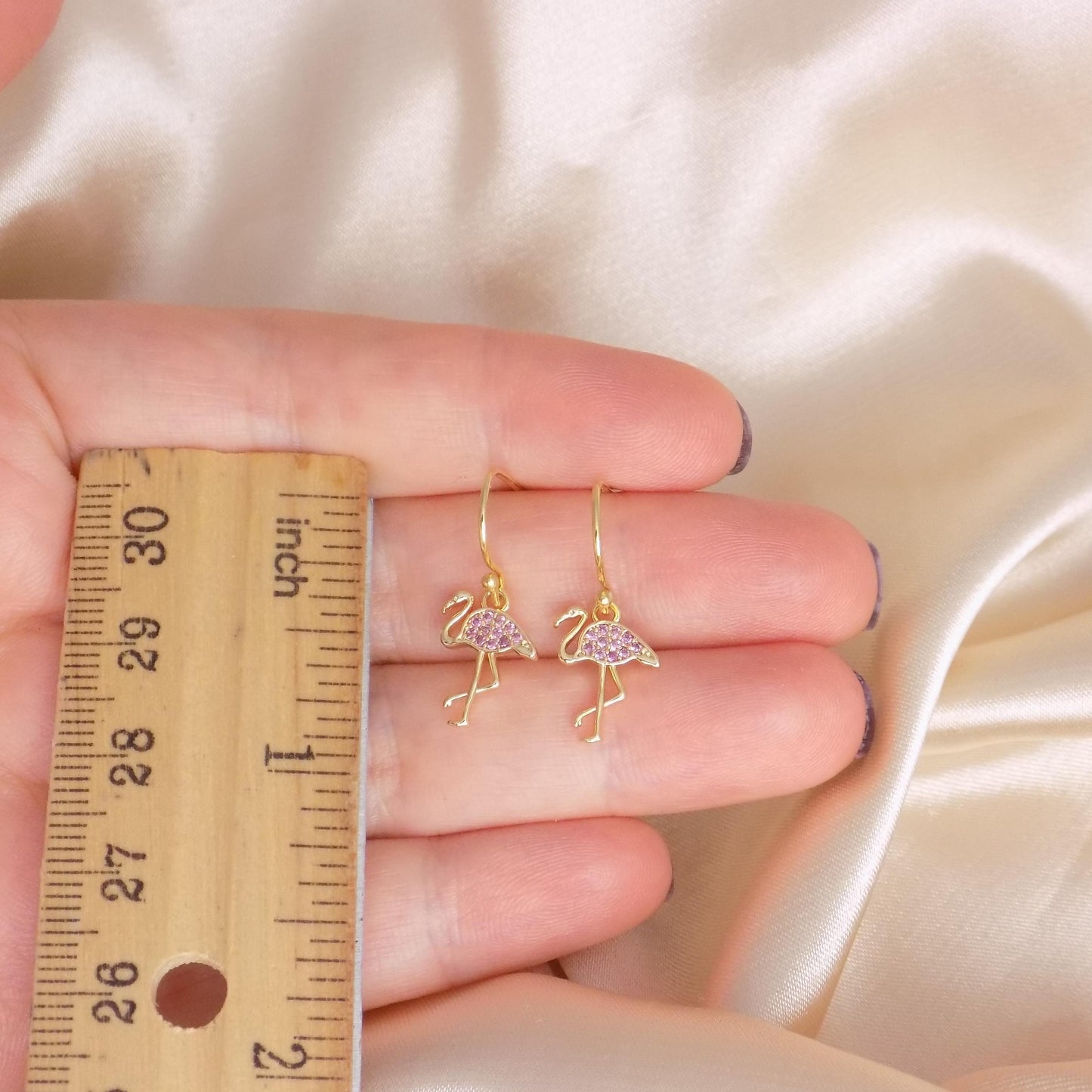 Tiny Flamingo Earrings Gold - Small Pink Cubic Zirconia Crystals - Christmas Gifts For Her - M7-402