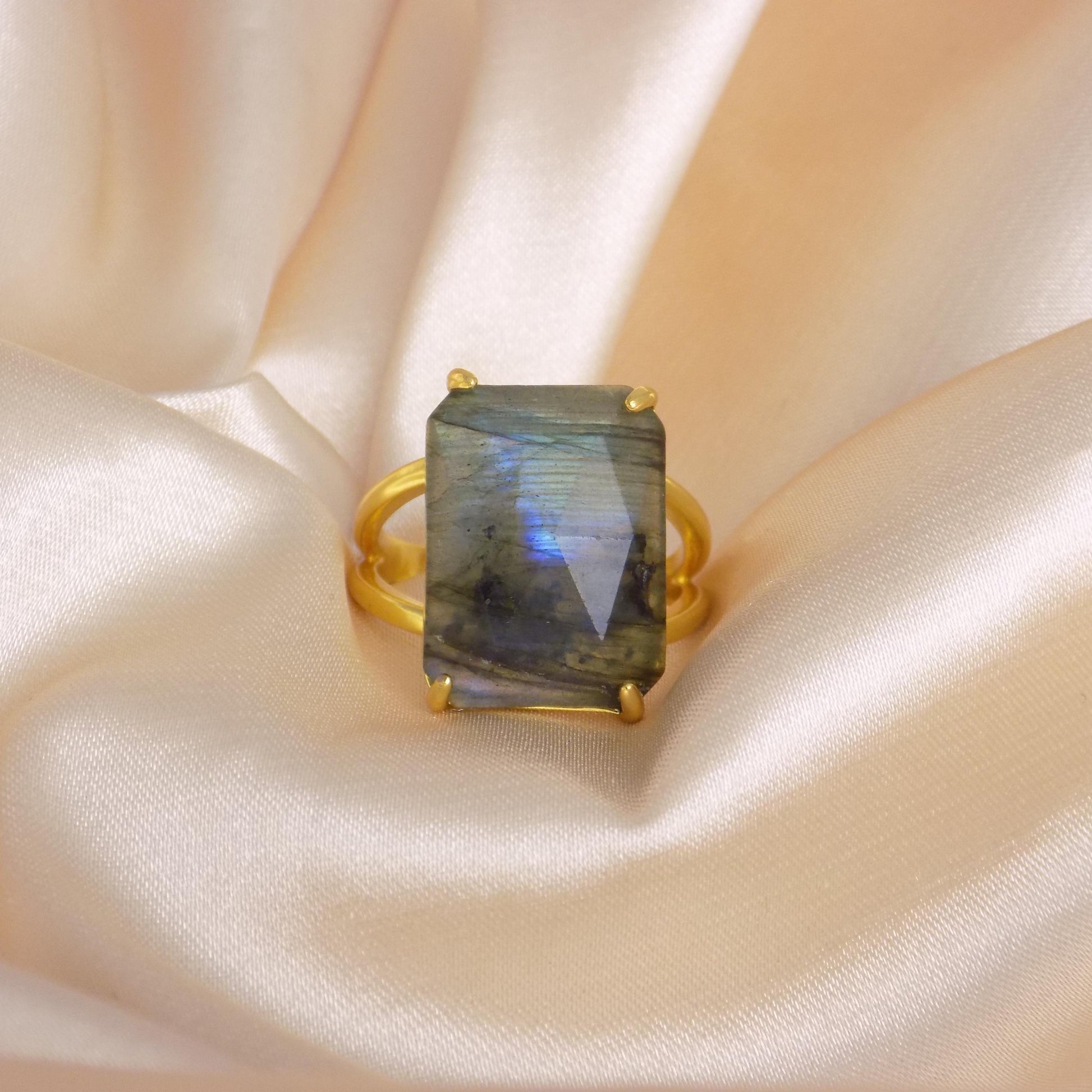 Labradorite Ring Gold, Gray Blue Crystal Ring Adjustable, Gift For Her, M7-403