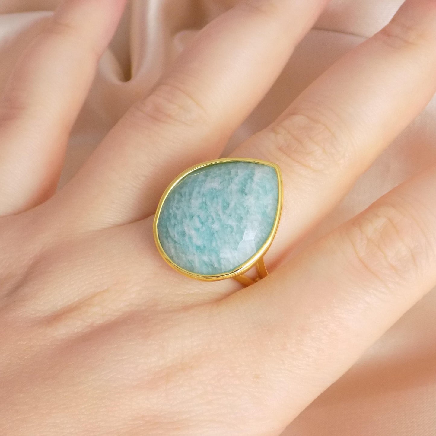 Green Amazonite Gold, Large Crystal Ring Adjustable, Gift For Her, M7-428