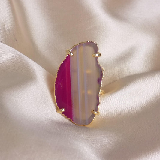 Bohemian Pink Agate Ring Gold - Geode Slice Statement Ring