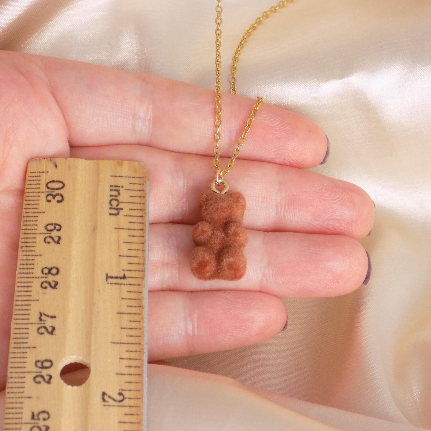 Fuzzy Brown Teddy Bear Necklace, Gummy Bear Charm Necklace, 18K Gold Stainless Steel, Gift For Her, M7-405