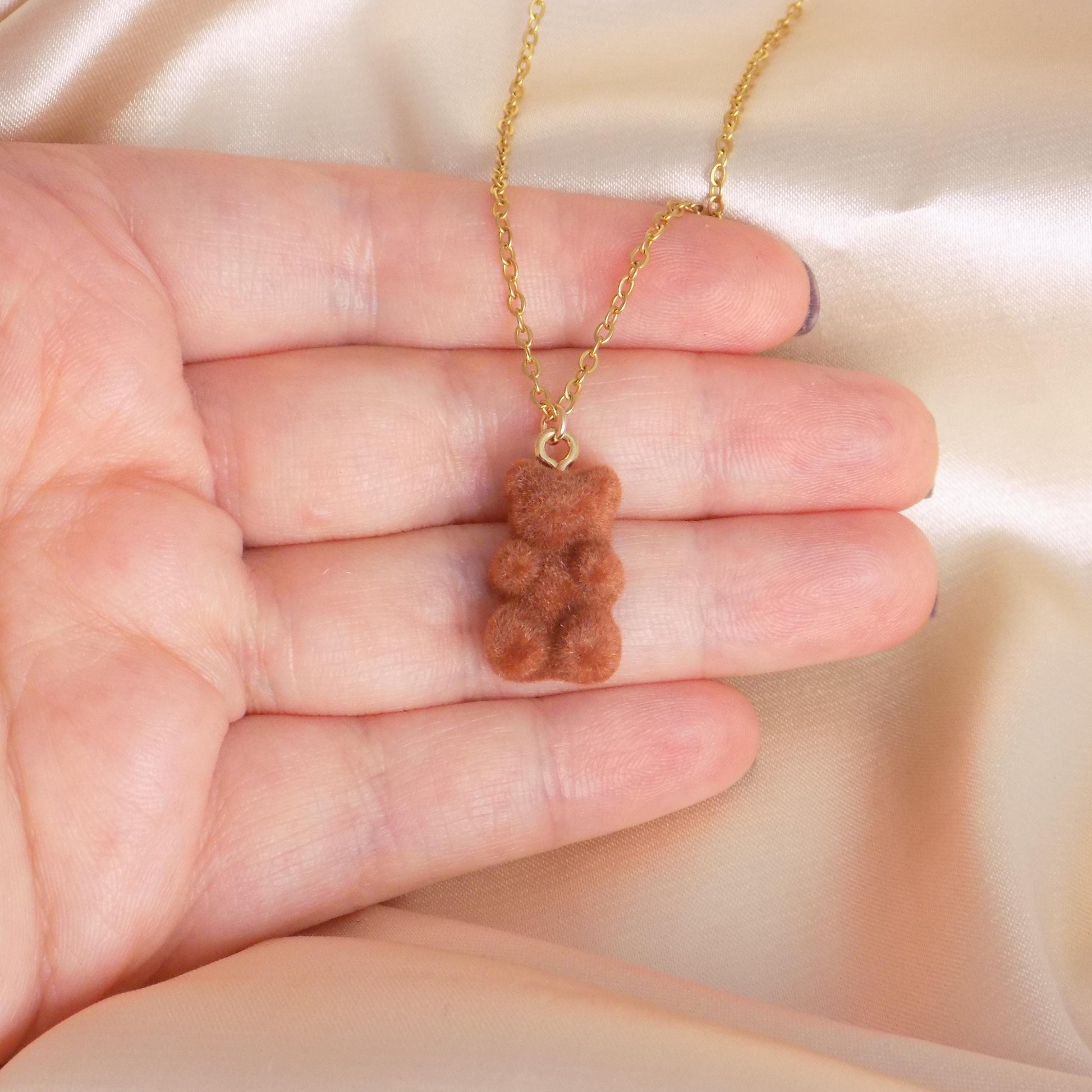 Fuzzy Brown Teddy Bear Necklace, Gummy Bear Charm Necklace, 18K Gold Stainless Steel, Gift For Her, M7-405