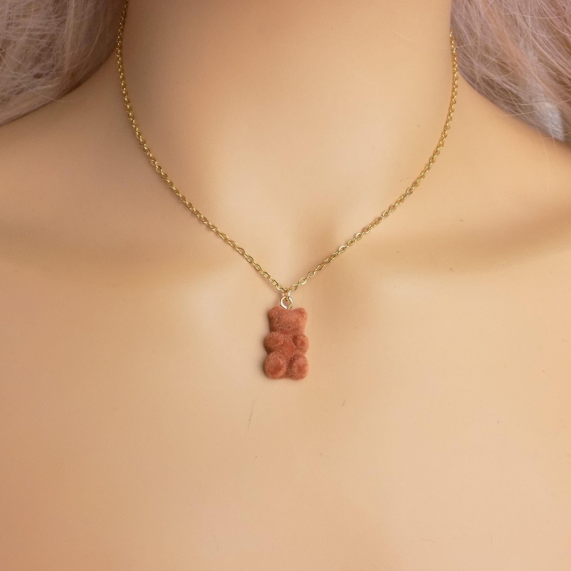 Fuzzy Brown Teddy Bear Necklace, Gummy Bear Charm Necklace, 18K Gold Stainless Steel, Gift For Her, M7-405