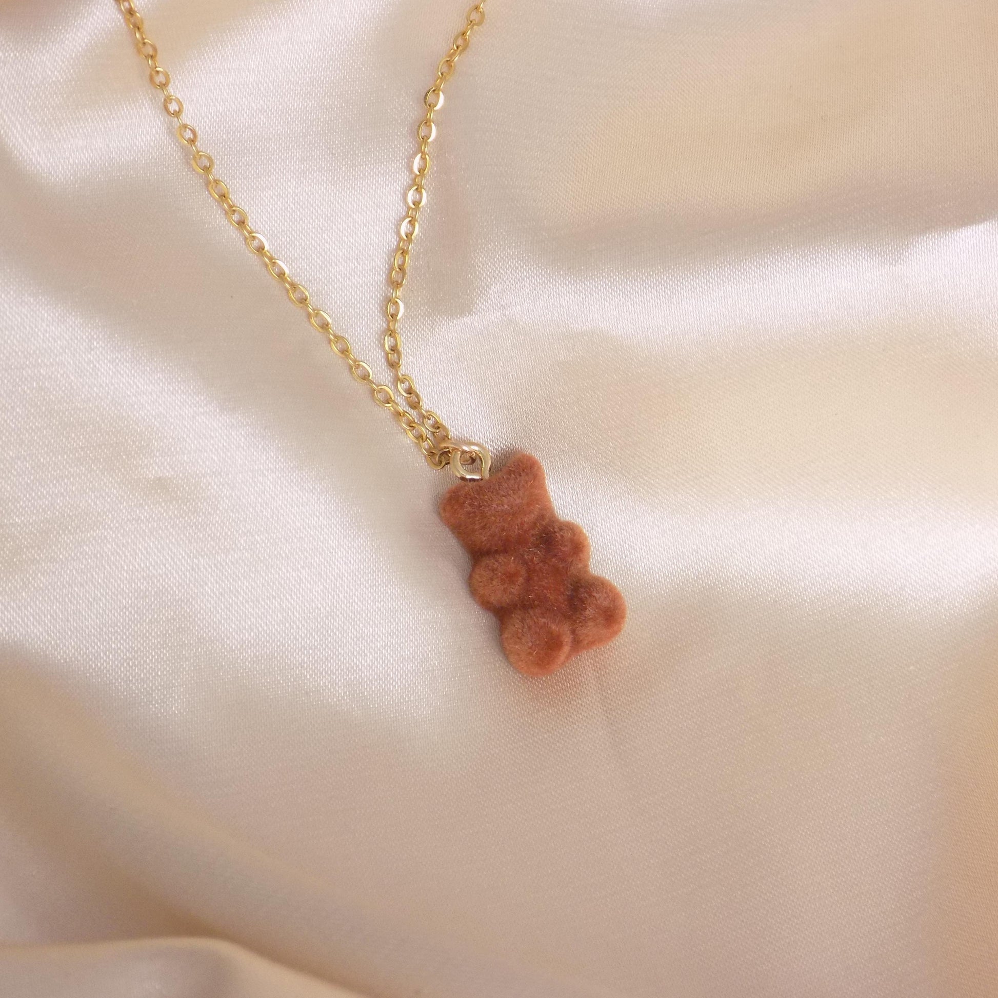 Fuzzy Brown Teddy Bear Necklace, Gummy Bear Charm Necklace, 18K Gold Stainless Steel, Gift For Her, M7-405