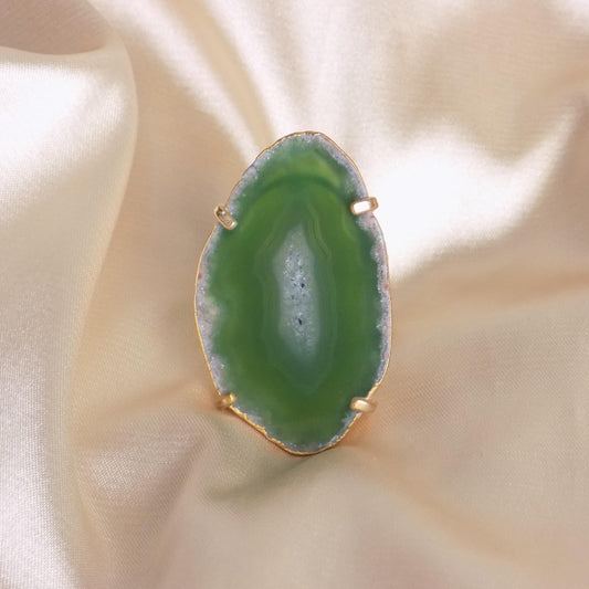 Boho Natural Gemstone Green Agate Slice Ring Gold Plated Adjustable Band, G13-472