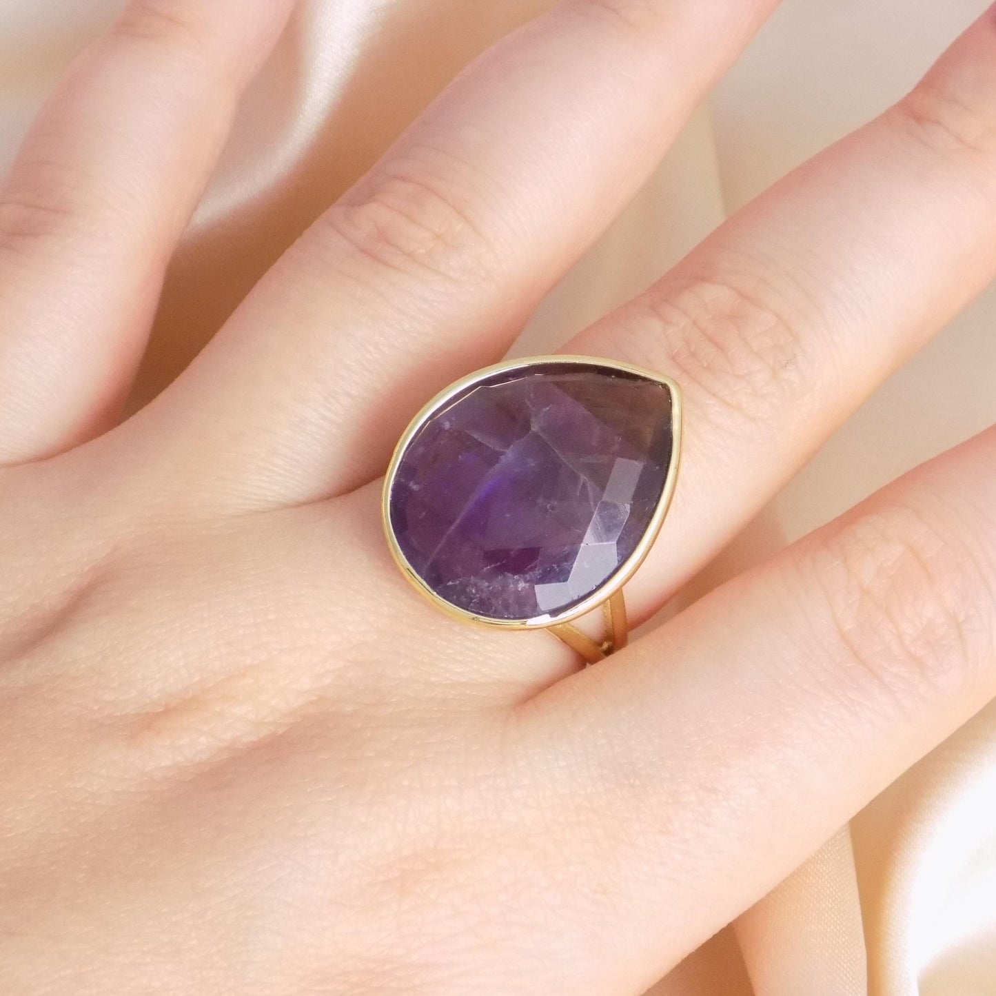 Purple Fluorite Ring Gold, Large Crystal Ring Adjustable, Gift For Her, M7-430