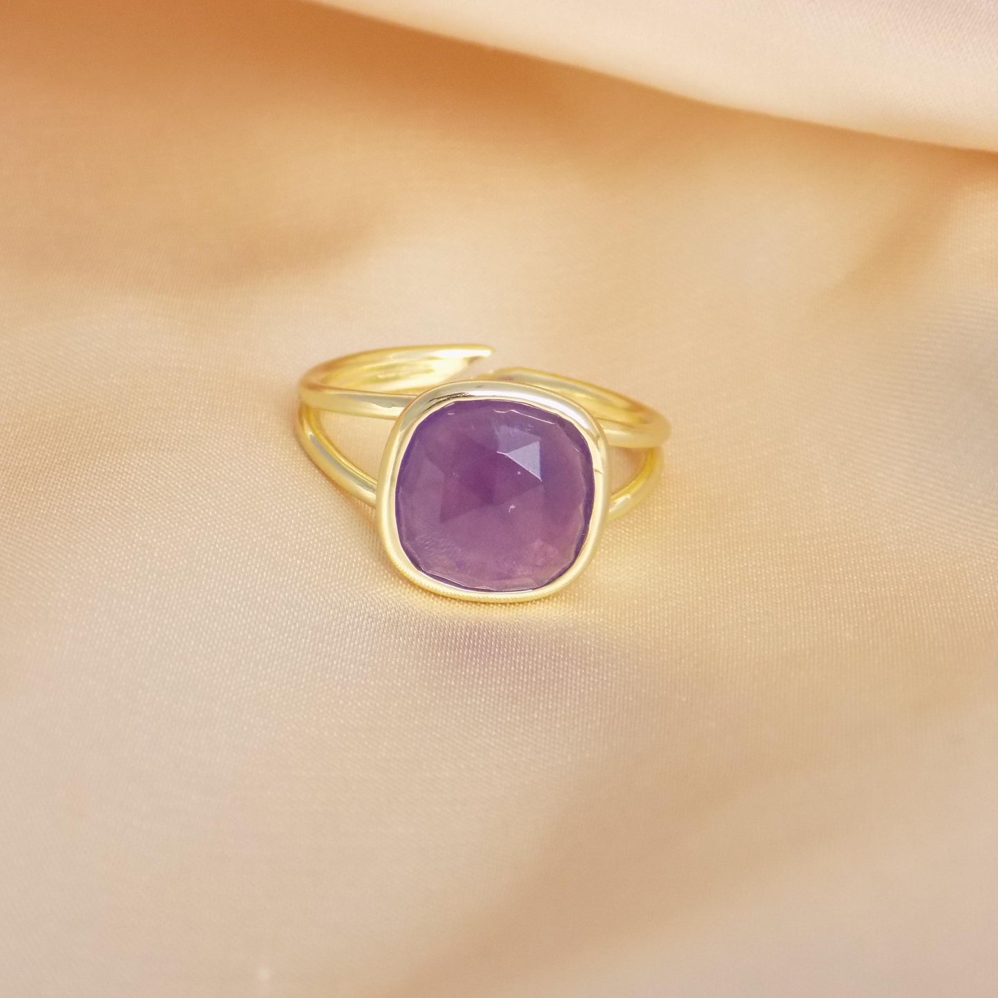 Small Amethyst Ring Gold, Purple Square Stone Ring Adjustable, Gift For Her, M7-409