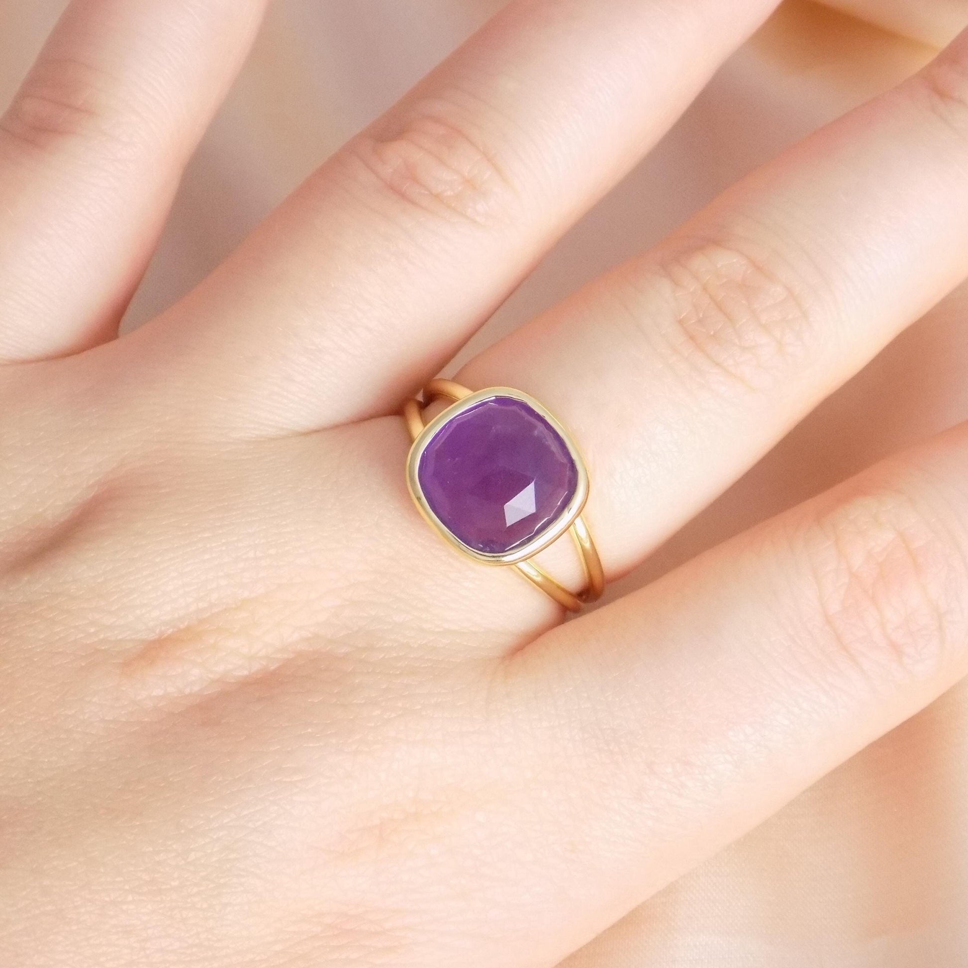 Small Amethyst Ring Gold, Purple Square Stone Ring Adjustable, Gift For Her, M7-409