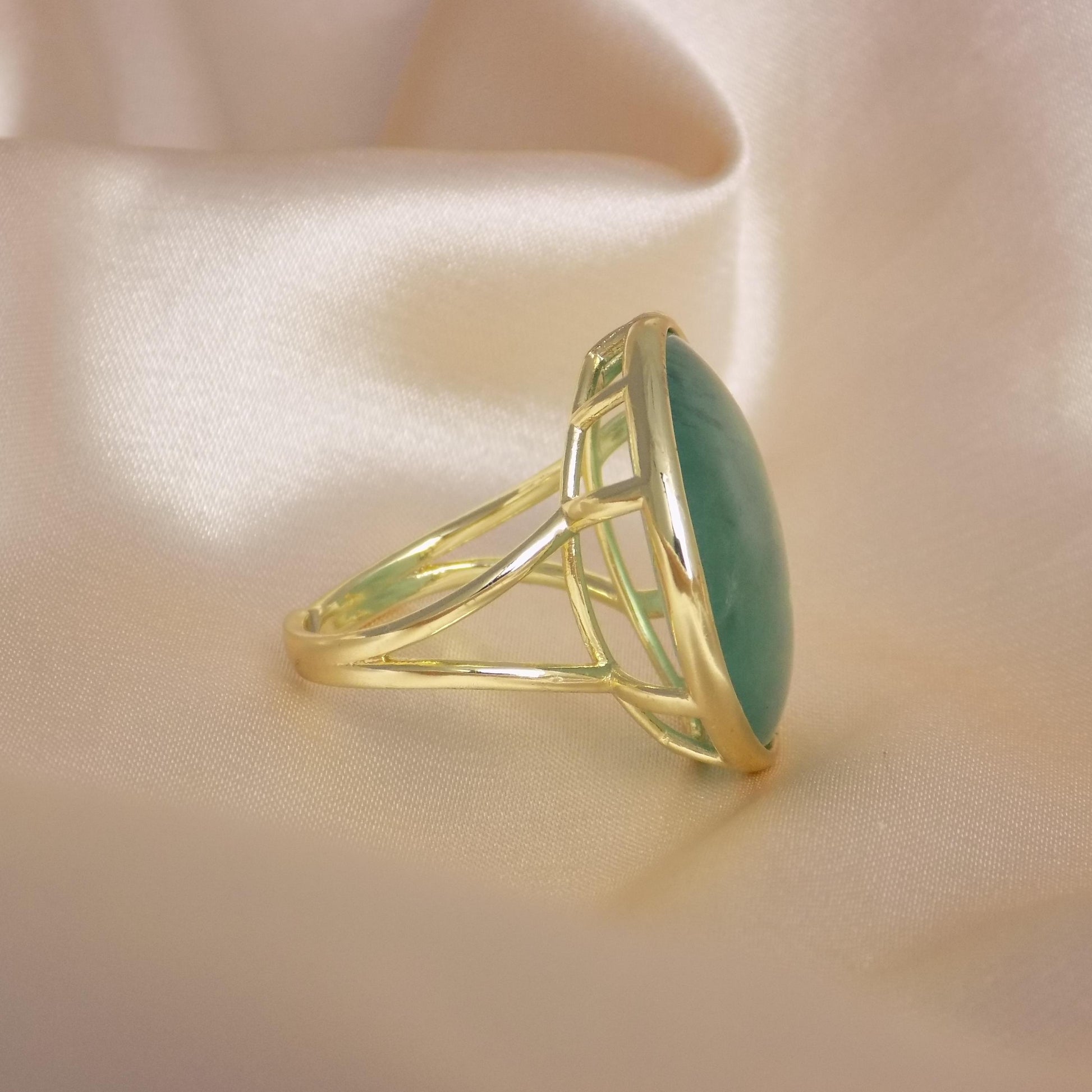 Green Fluorite Ring Gold Plated Adjustable, Large Round Stone Statement Ring, Gift For Her, M7-411