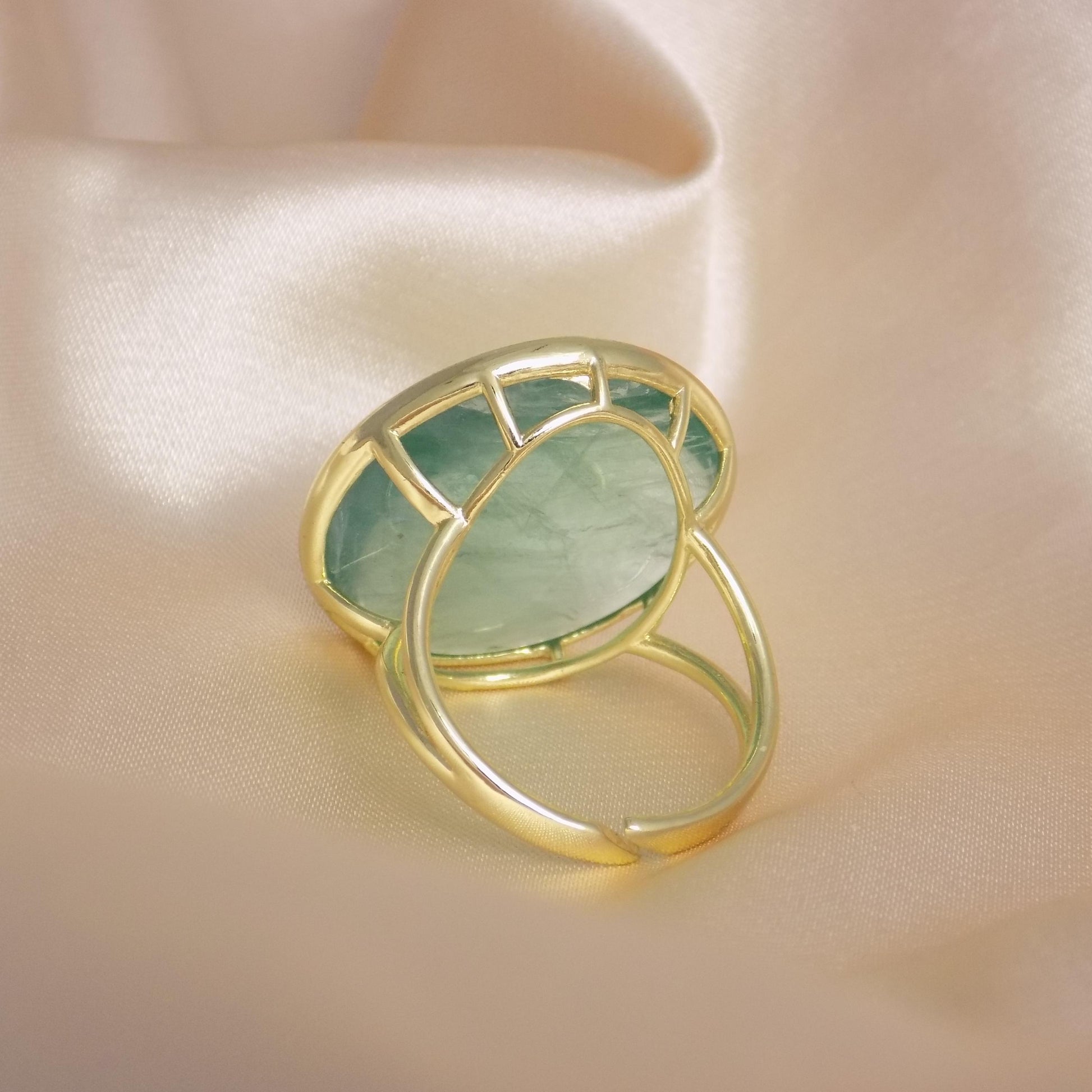 Green Fluorite Ring Gold Plated Adjustable, Large Round Stone Statement Ring, Gift For Her, M7-411