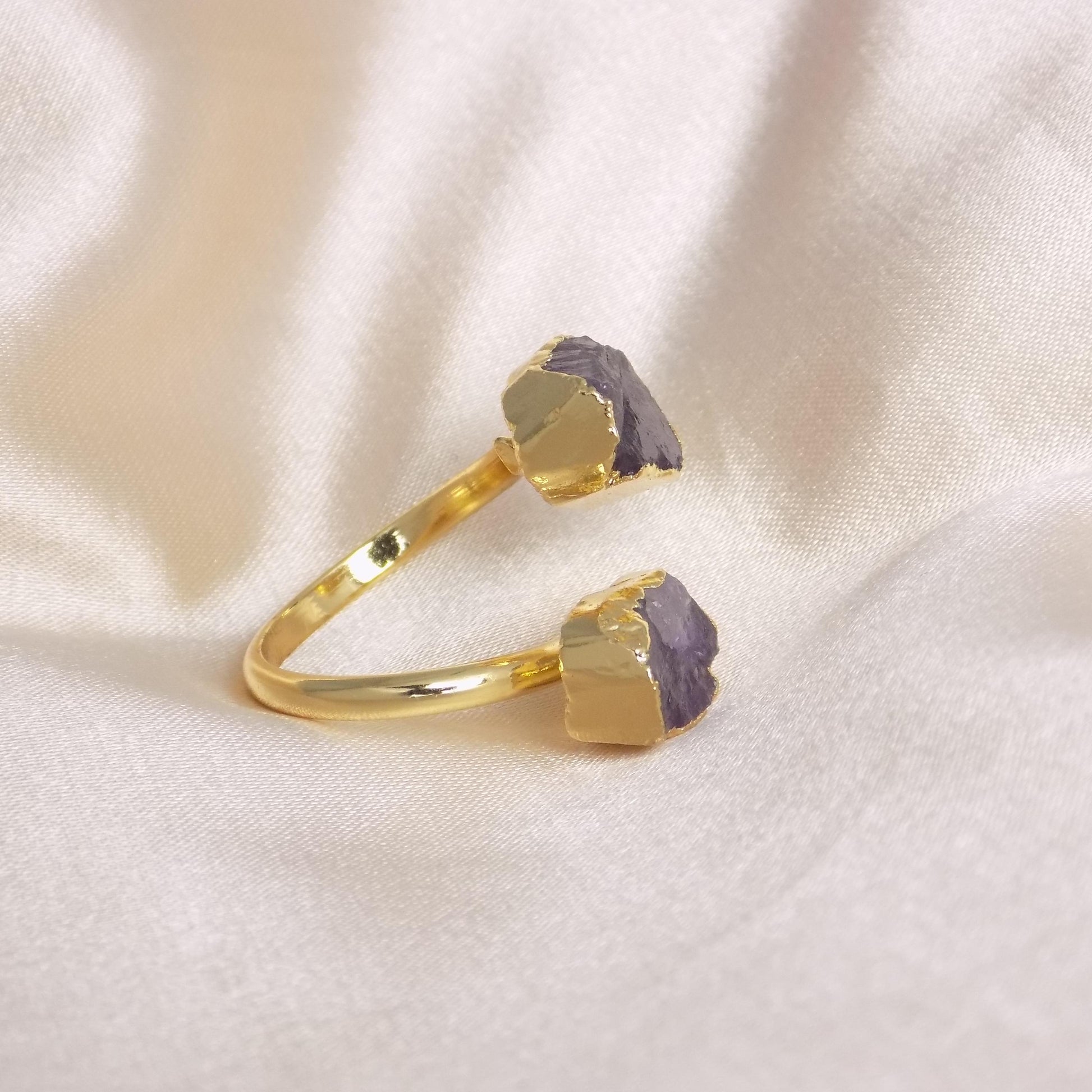 Dual Stone Raw Amethyst Ring Adjustable Gold Plated, Two Purple Gemstones Druzy Ring Minimalist, G15-432