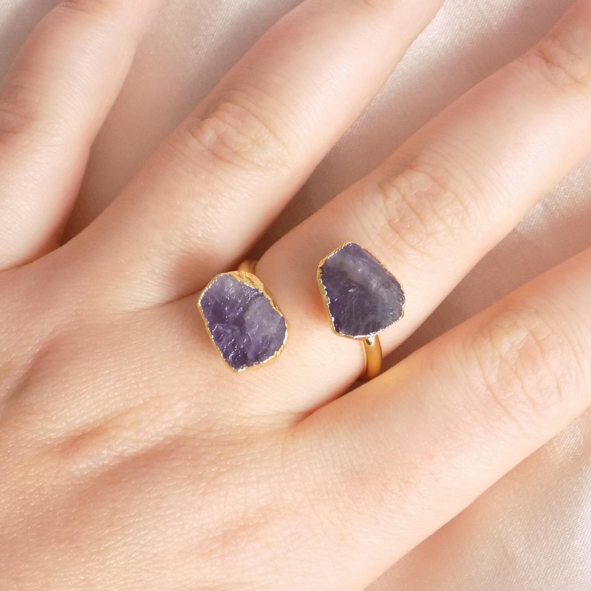 Dual Stone Raw Amethyst Ring Adjustable Gold Plated, Two Purple Gemstones Druzy Ring Minimalist, G15-432