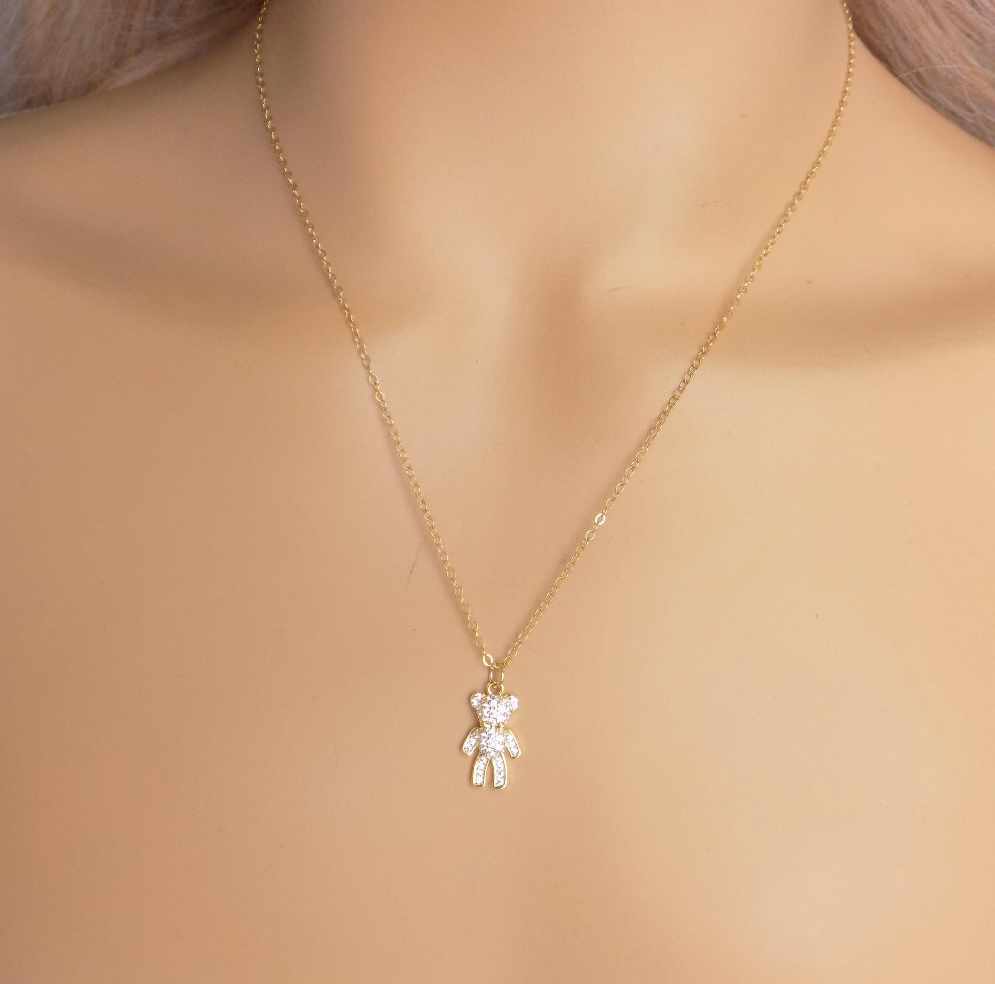 Gold Teddy Bear Necklace, Tiny Cubic Zirconia Layering Necklace, Best Friend Gift, Gifts For Girlfriend, M7-433