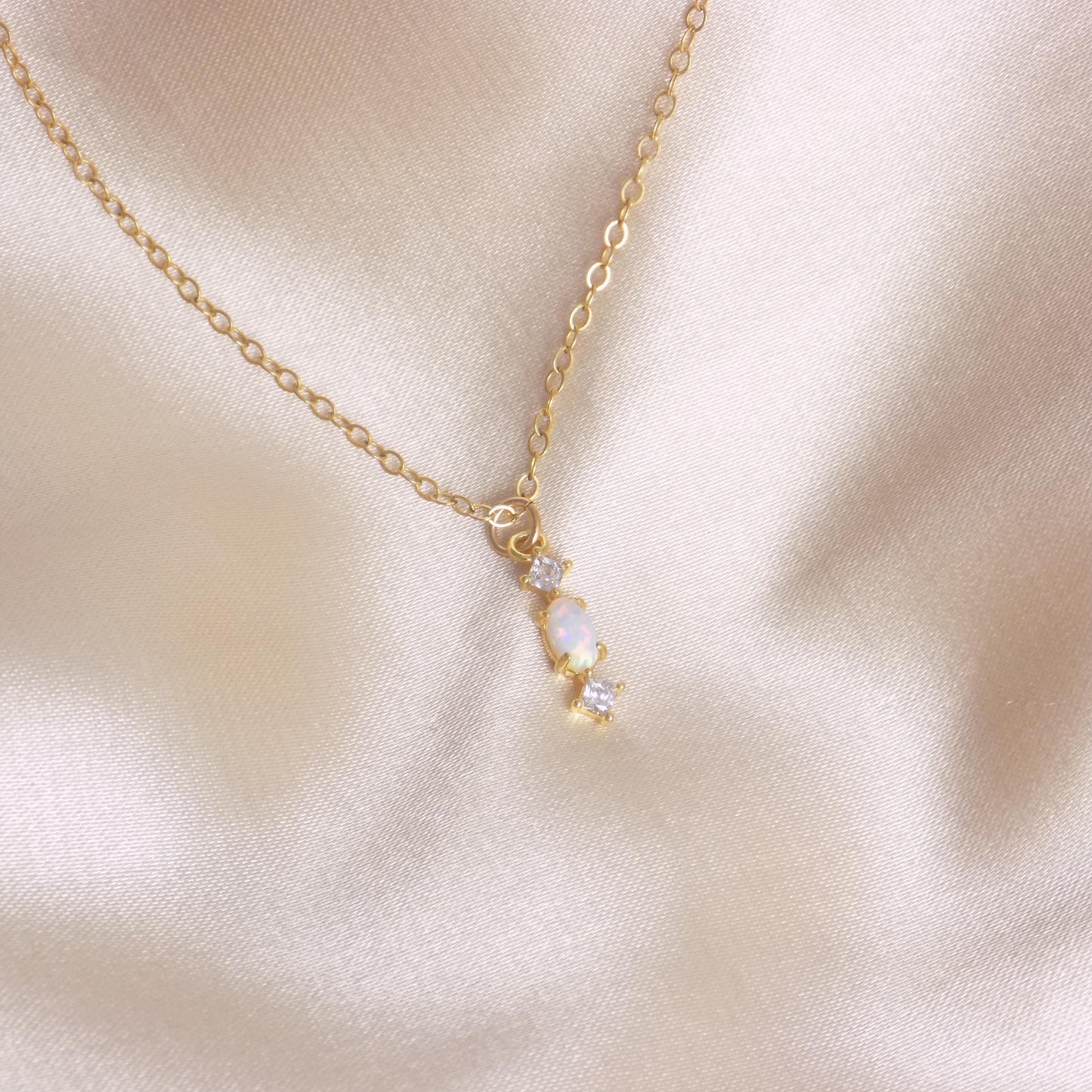 Tiny Opal Necklace Gold, Light Blue Opal and Cubic Zirconia, Tiny Layering, October Birthday Gift, M7-435