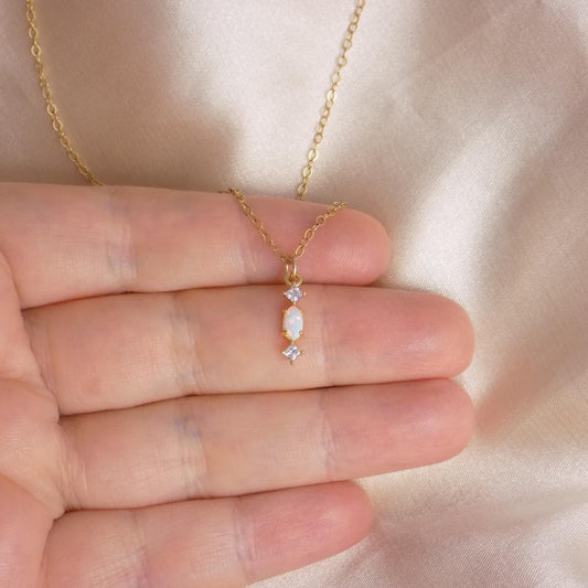 Tiny Opal Necklace Gold, Light Blue Opal and Cubic Zirconia, Tiny Layering, October Birthday Gift, M7-435