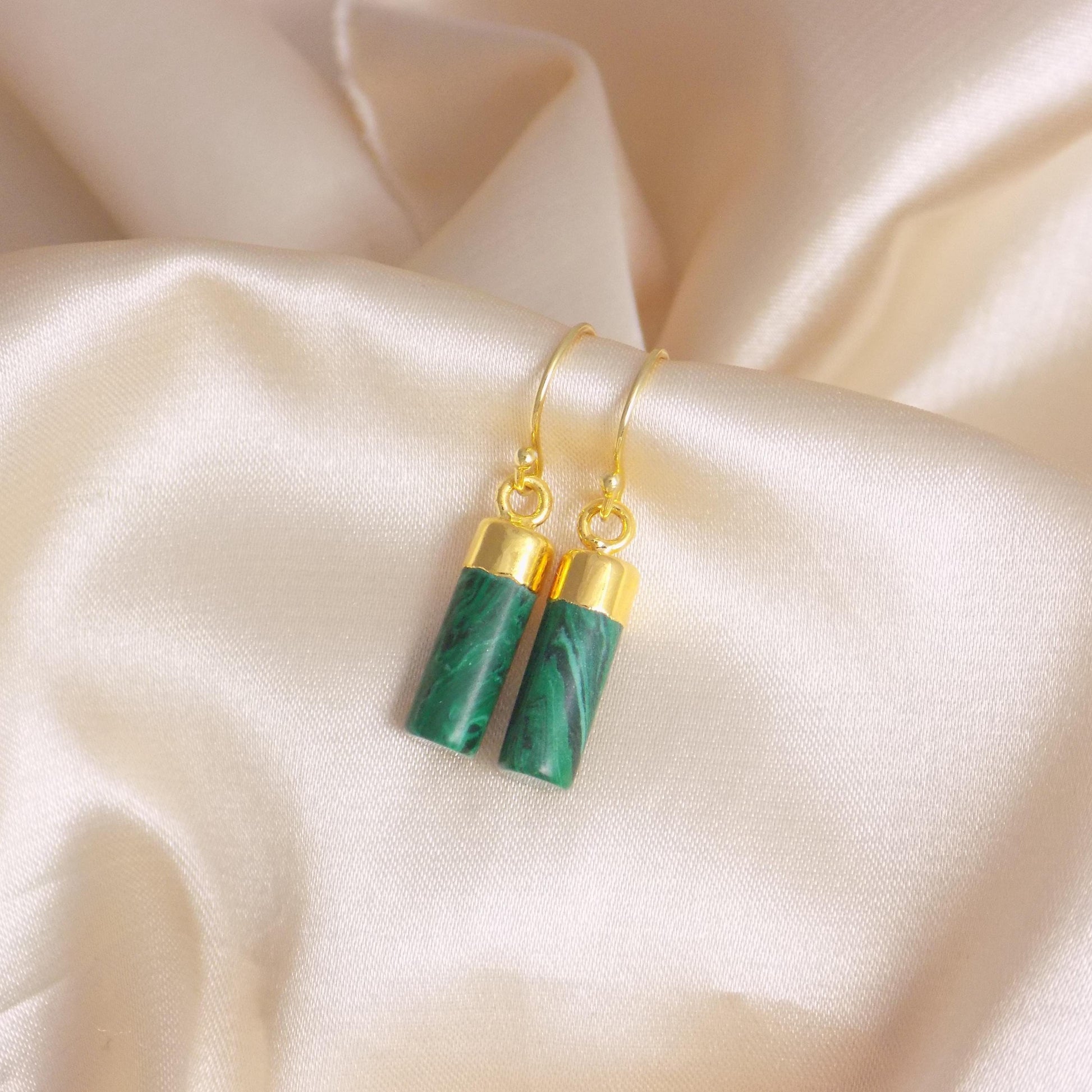 Malachite Drop Earrings Gold, Green Gemstone Earrings, Minimalist Stone, Everyday Simple Dangle, Mothers Day Gift, M7-301