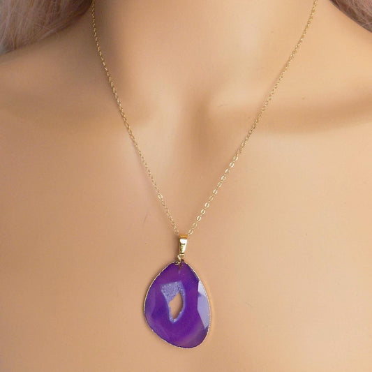 Purple Geode Necklace Gold, Boho Statement Pendant, Large Sparkly Crystal, Druzy Gemstone, Christmas Gift Women, M7-415