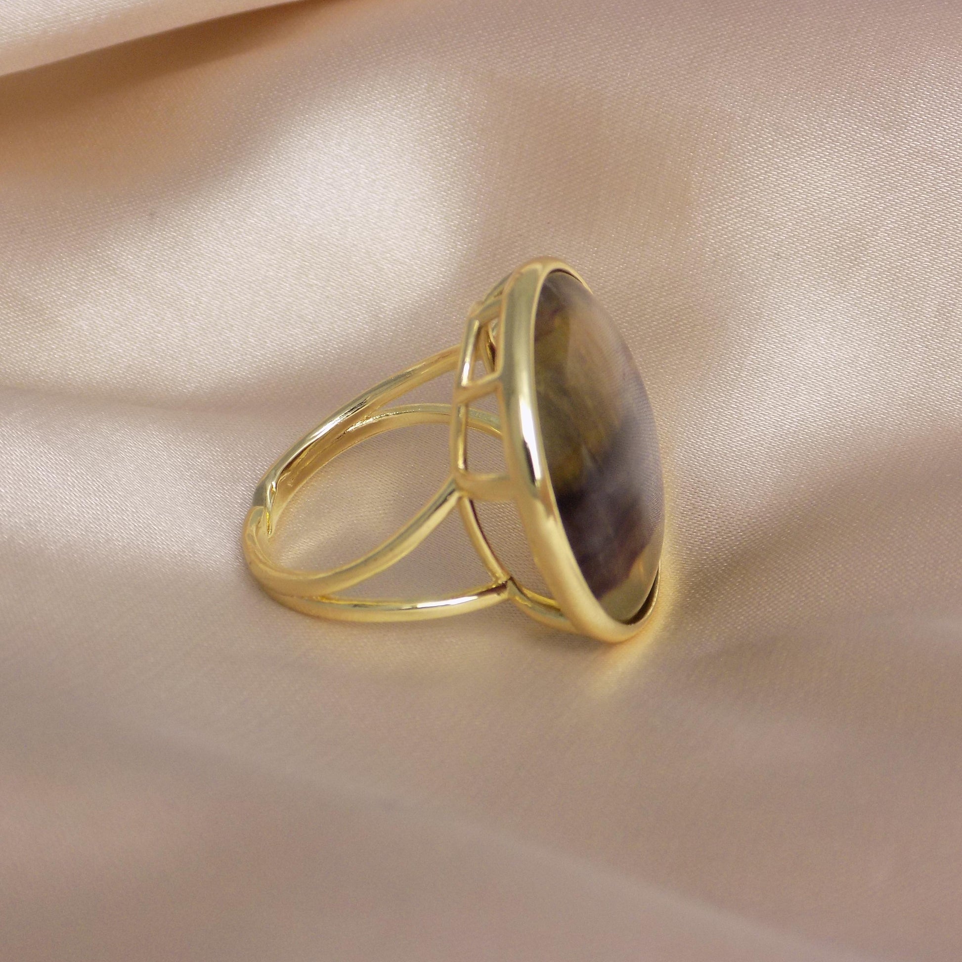 Purple Fluorite Ring Gold Plated Adjustable, Large Round Stone Statement Ring, Gift For Her, M7-417