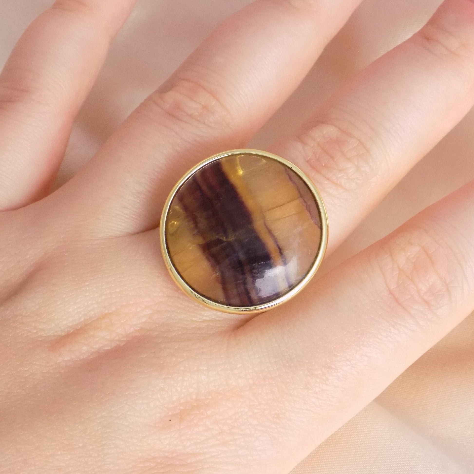 Purple Fluorite Ring Gold Plated Adjustable, Large Round Stone Statement Ring, Gift For Her, M7-417