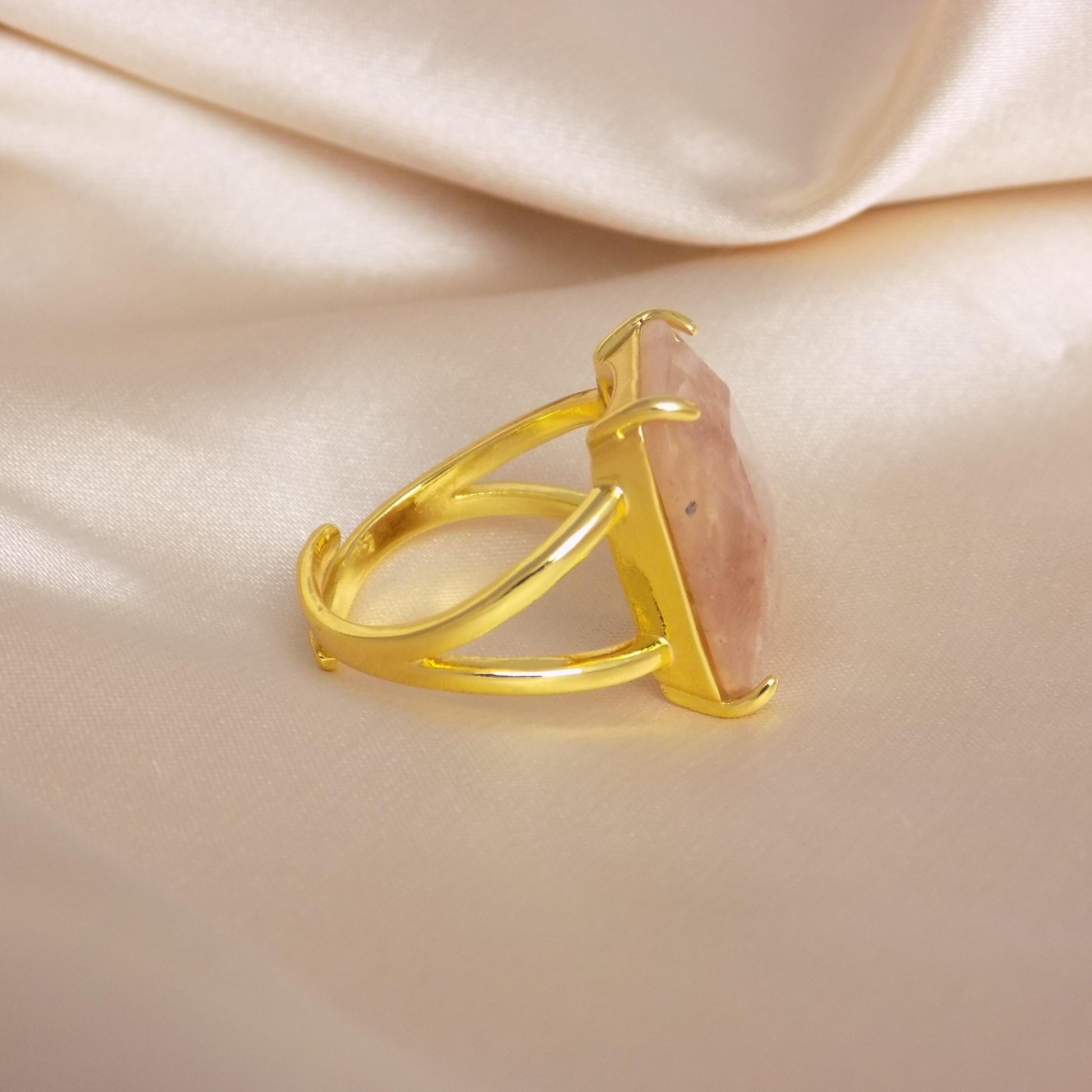 Light Pink Flower Agate Ring Gold, Large Crystal Ring Adjustable, Gift For Her, M7-422