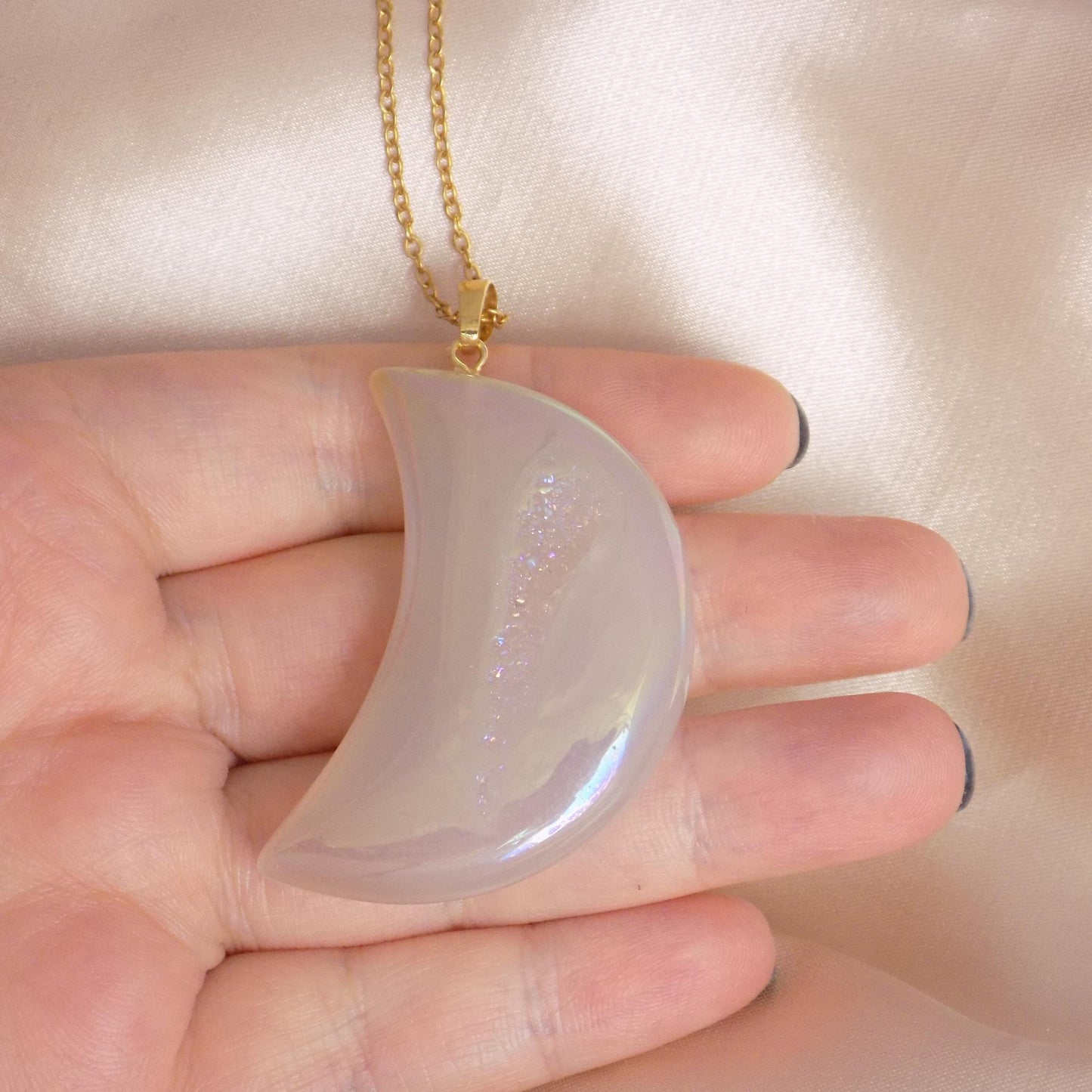 Large Crescent Moon Necklace - Aura Quartz Crystal Necklace Gold