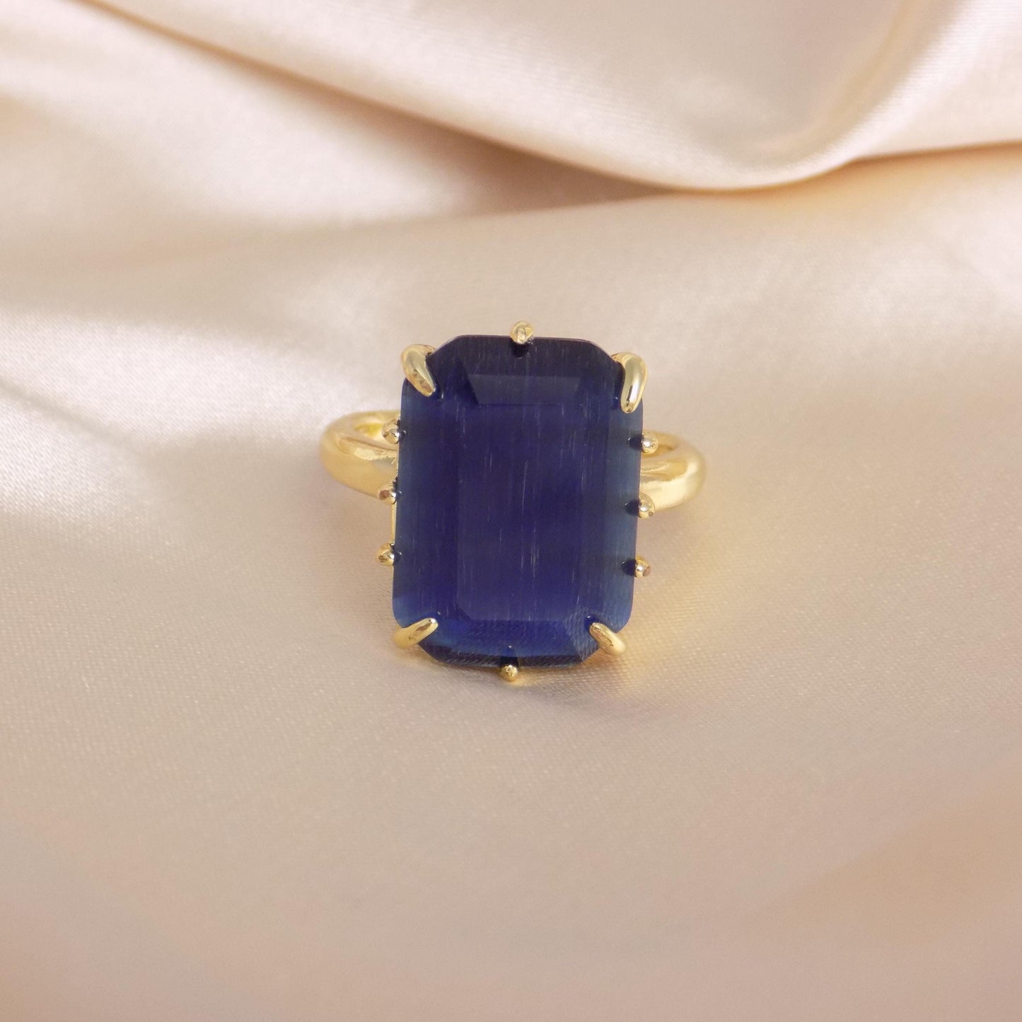 Blue Cat Eye Ring Gold, Large Crystal Ring Adjustable, Gift For Her, M7-425