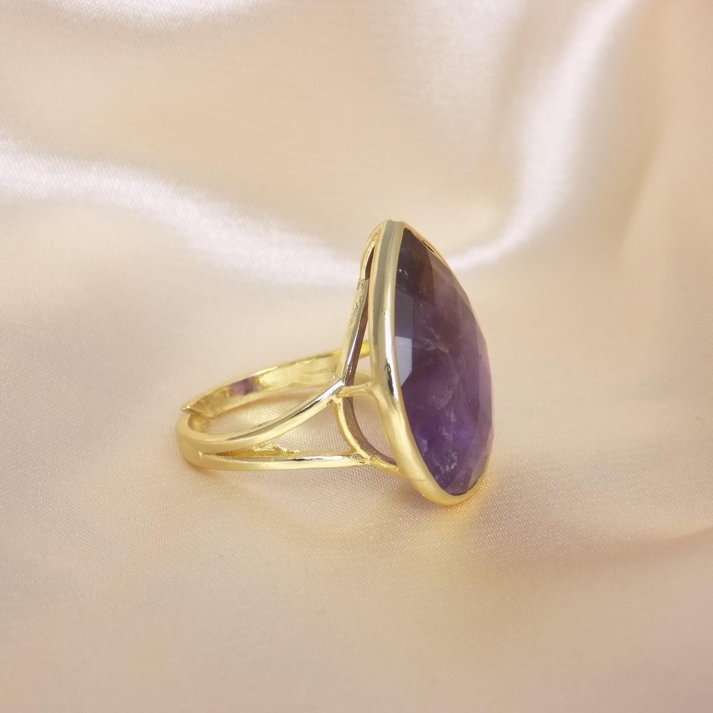 Purple Fluorite Ring Gold, Large Crystal Ring Adjustable, Gift For Her, M7-430