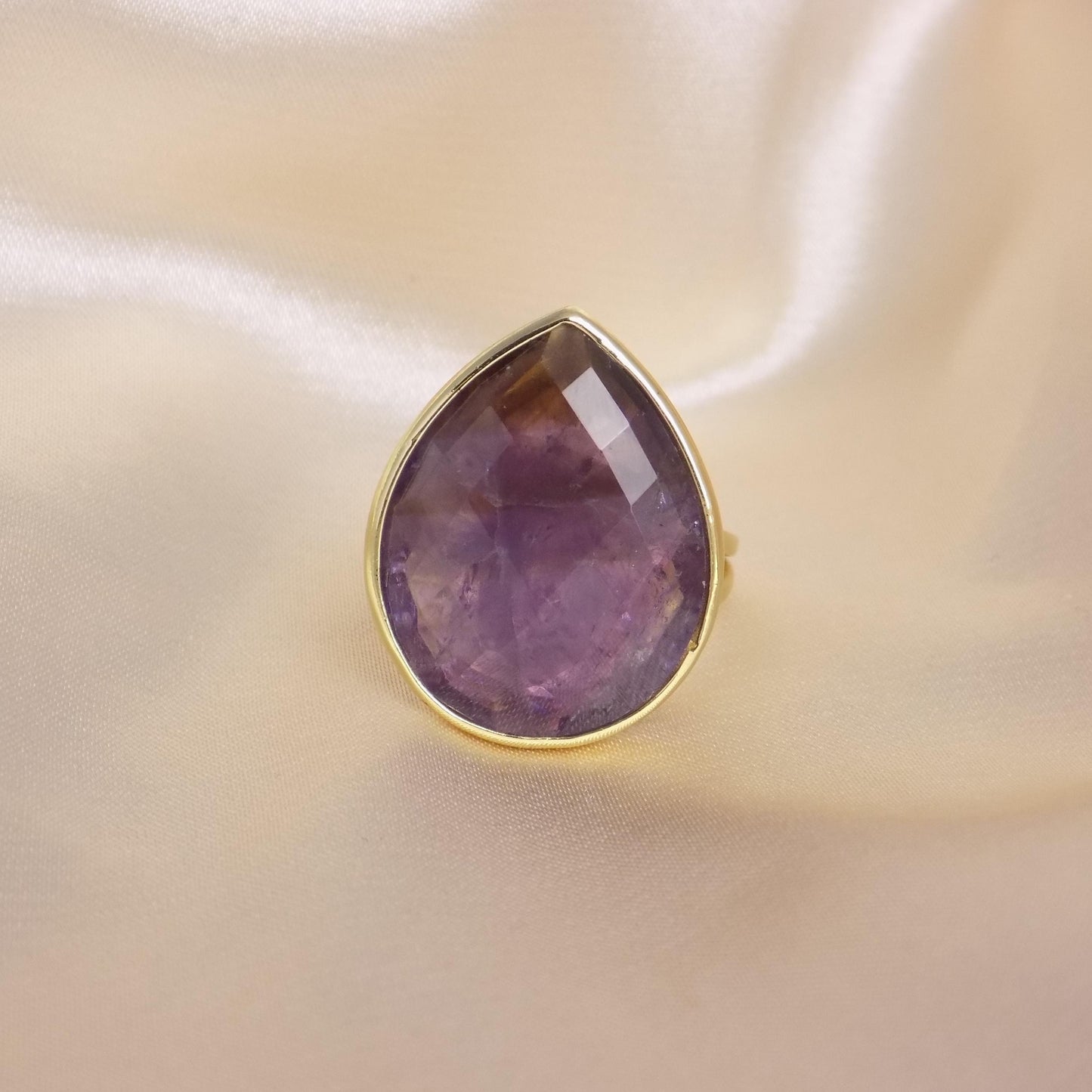 Purple Fluorite Ring Gold, Large Crystal Ring Adjustable, Gift For Her, M7-430