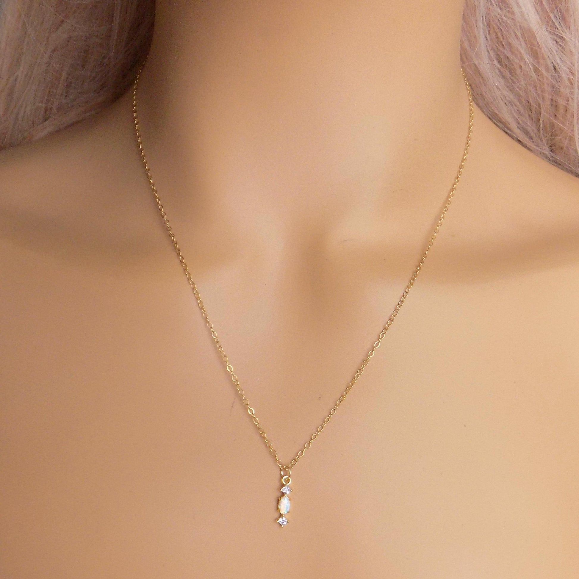 Tiny Opal Necklace Gold, Light Blue Opal and Cubic Zirconia, Tiny Layering, October Birthday Gift, M7-435